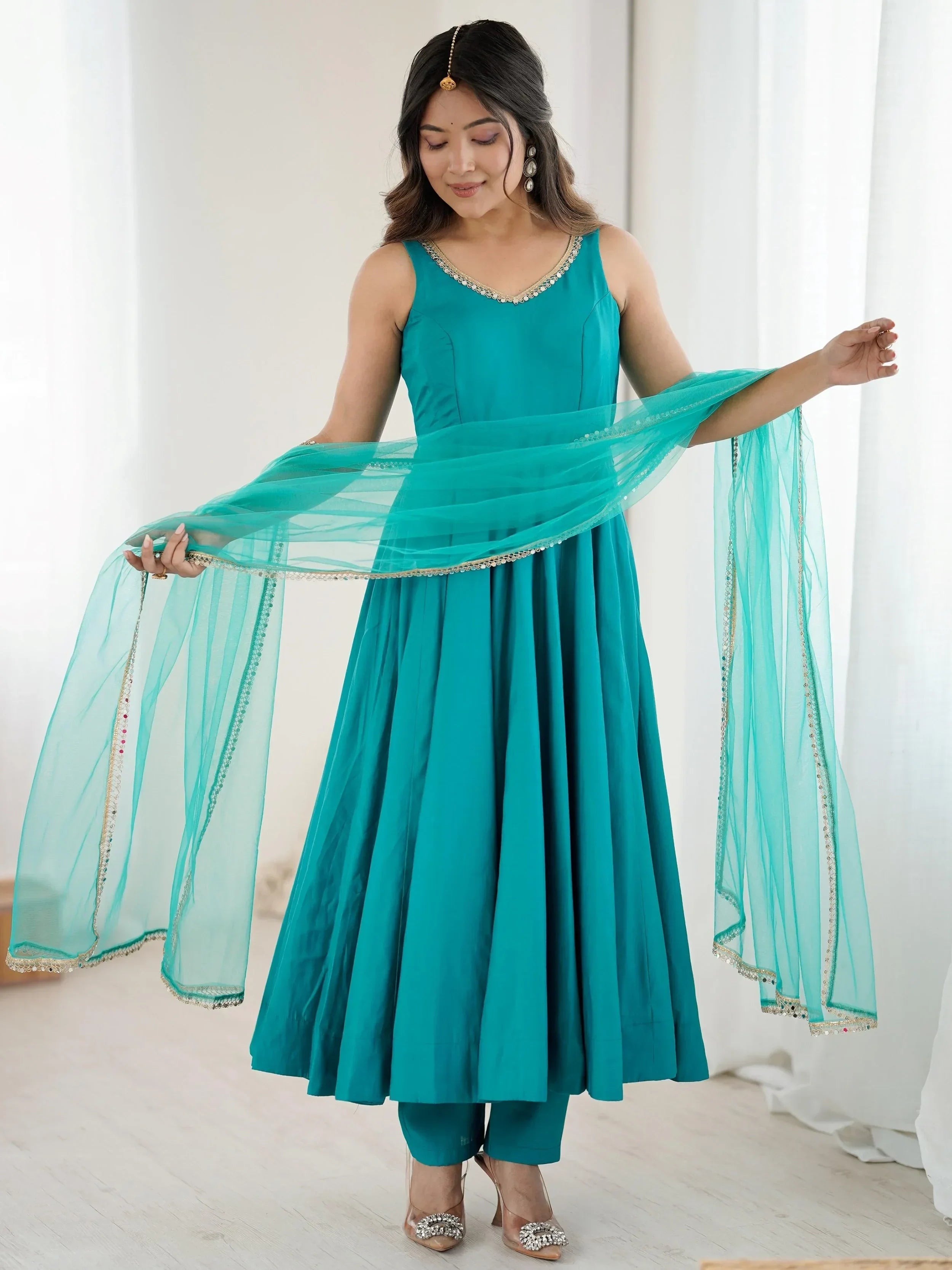 Dazzling Green Lace Work Silk Festive Wear Anarkali Suit