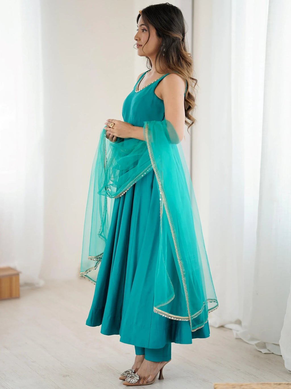 Dazzling Green Lace Work Silk Festive Wear Anarkali Suit