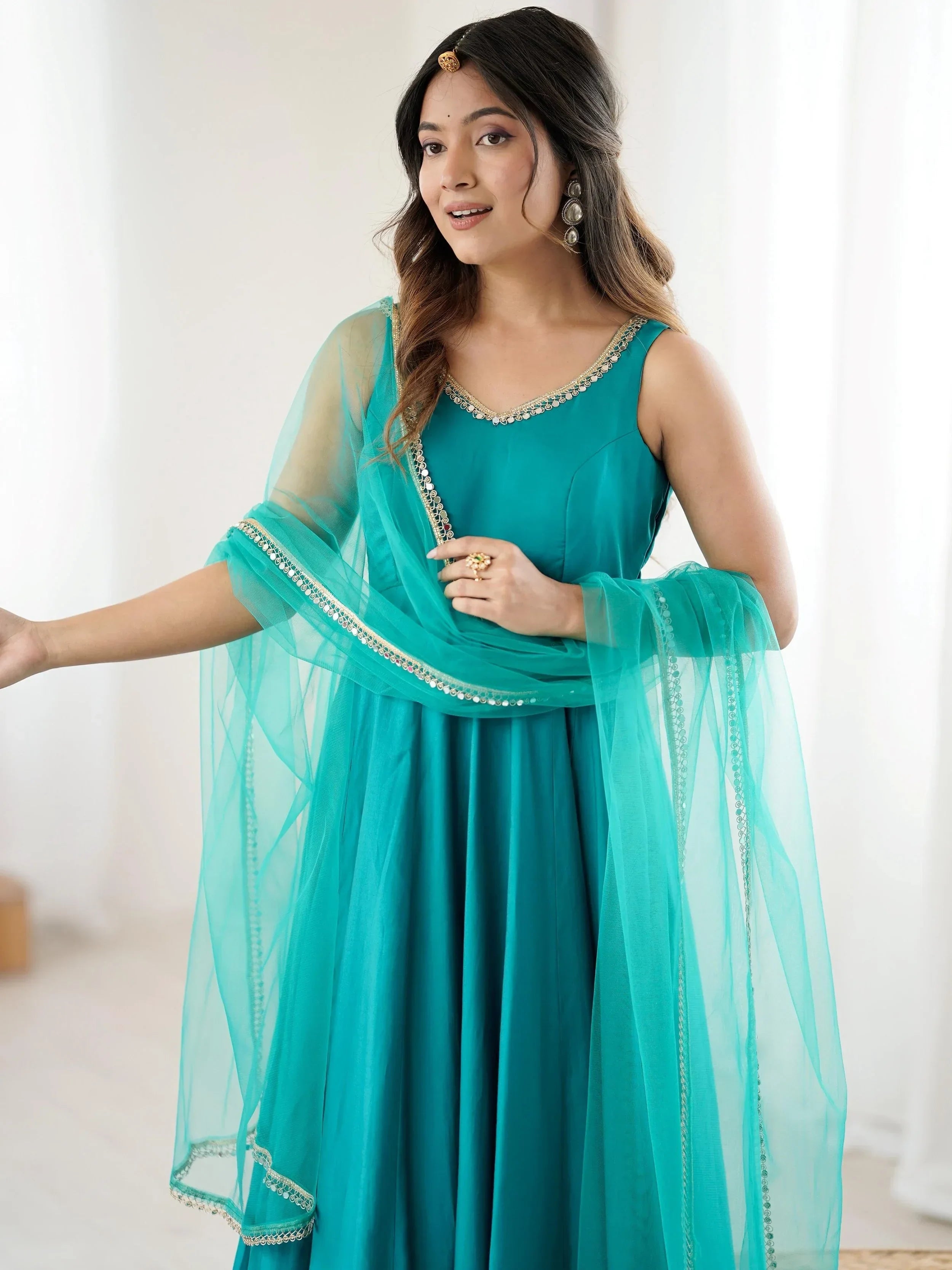 Dazzling Green Lace Work Silk Festive Wear Anarkali Suit