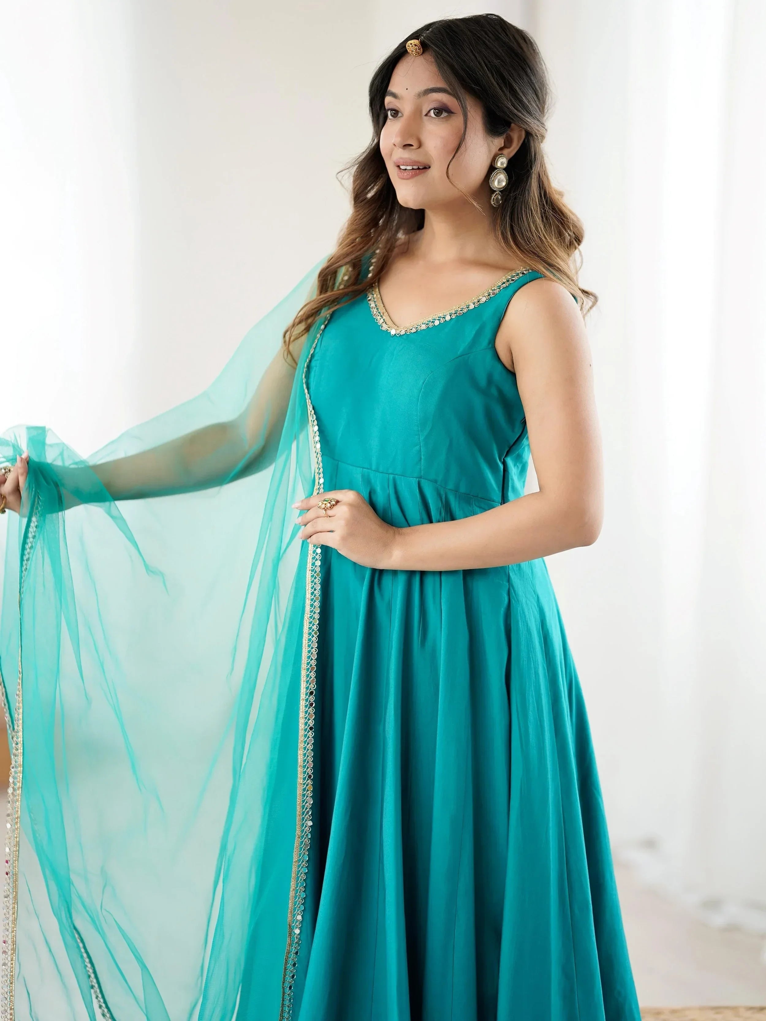 Dazzling Green Lace Work Silk Festive Wear Anarkali Suit
