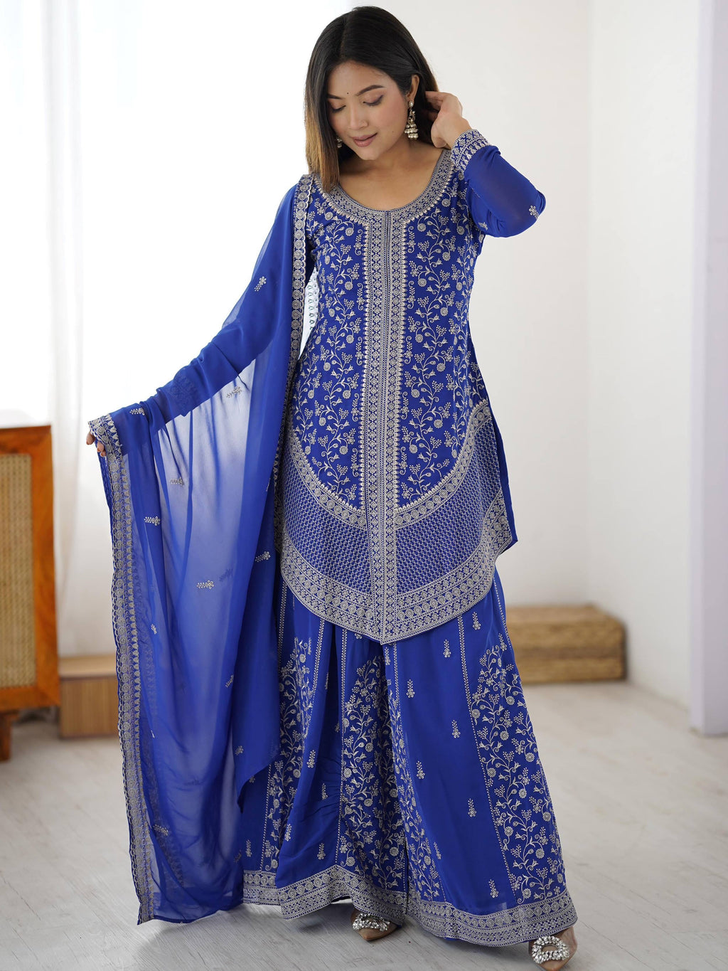 Blue Glamorous Embroidered Georgette Festive Wear Palazzo Suit