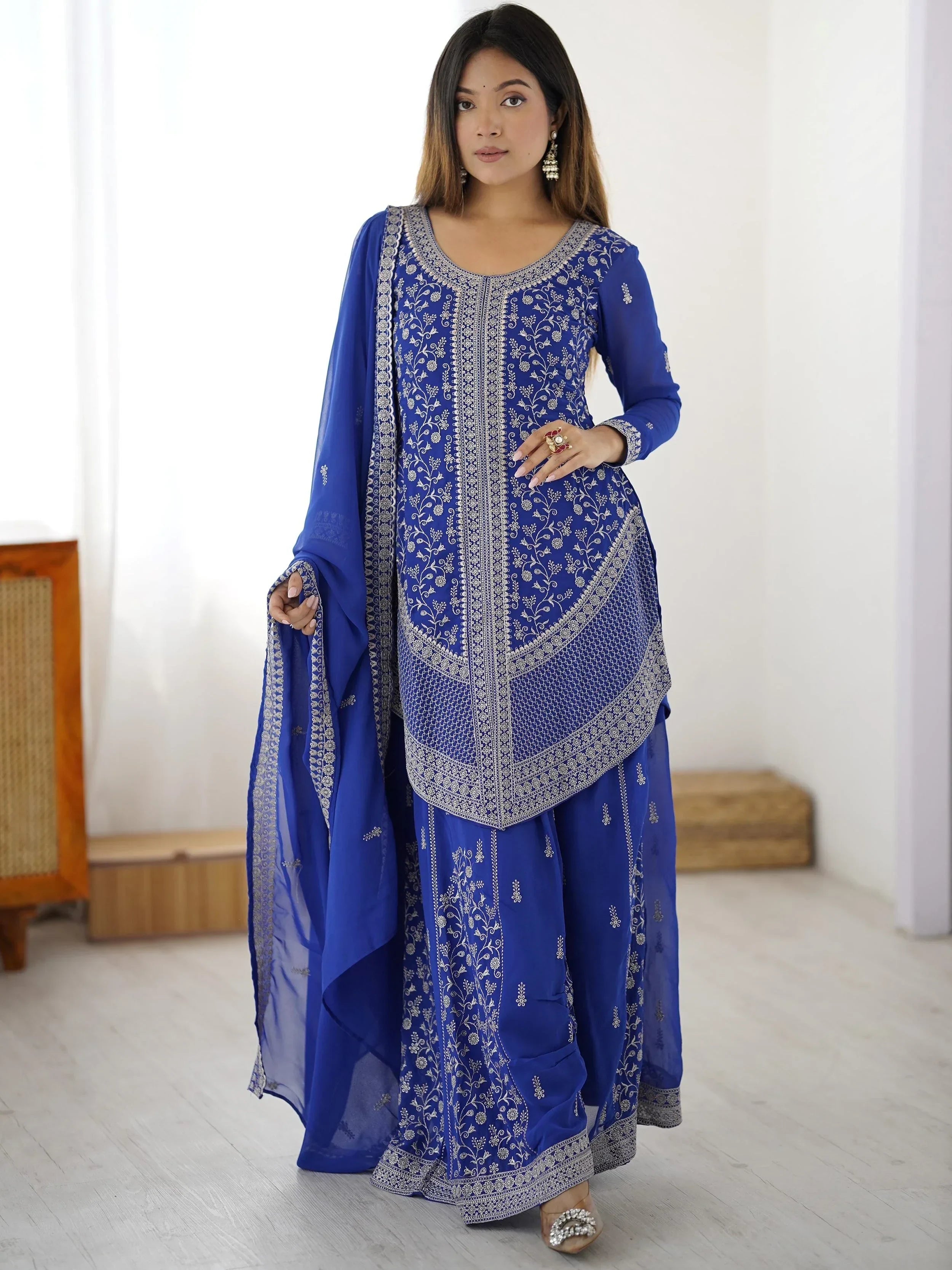 Blue Glamorous Embroidered Georgette Festive Wear Palazzo Suit