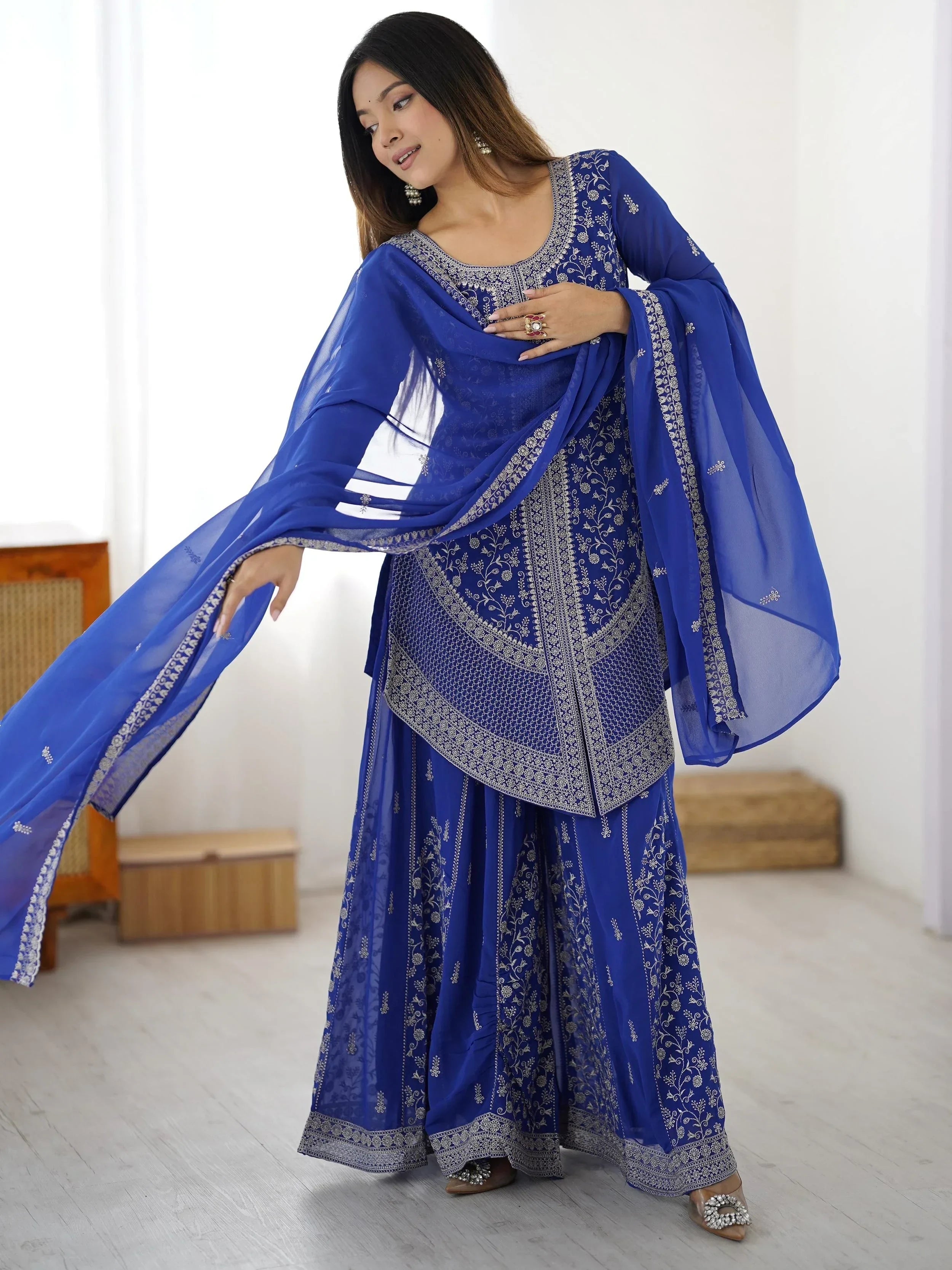 Blue Glamorous Embroidered Georgette Festive Wear Palazzo Suit