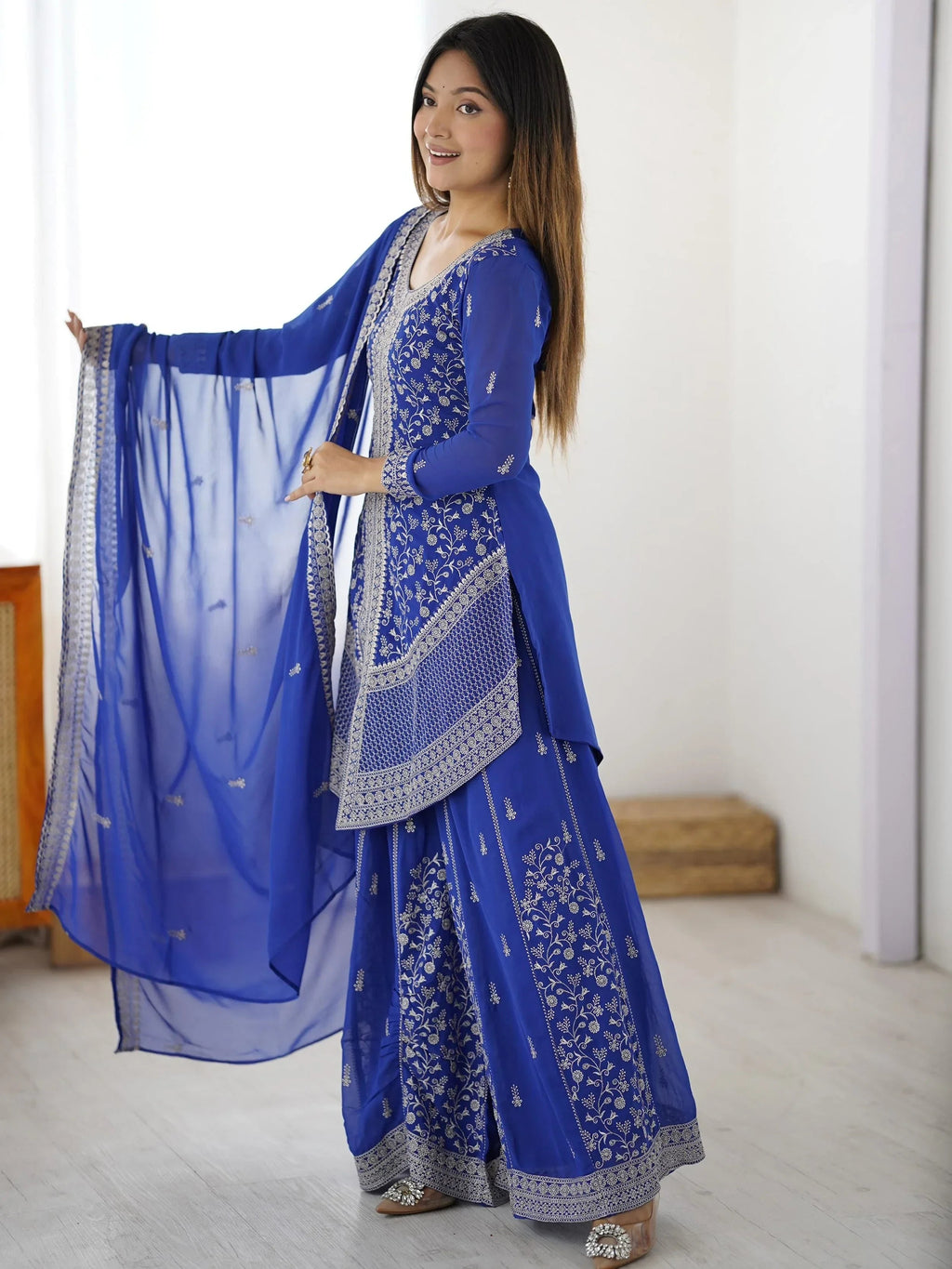 Blue Glamorous Embroidered Georgette Festive Wear Palazzo Suit