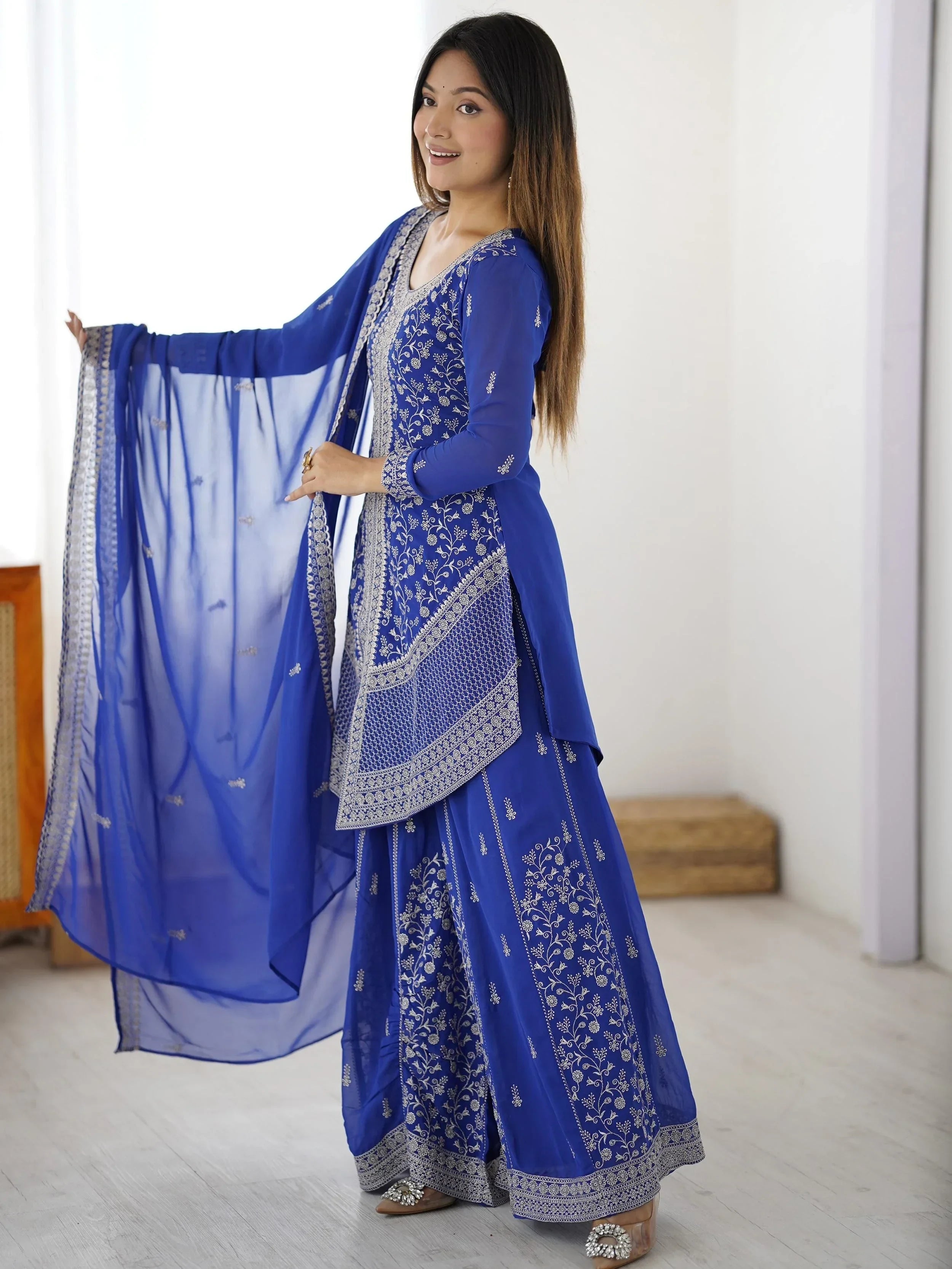 Blue Glamorous Embroidered Georgette Festive Wear Palazzo Suit
