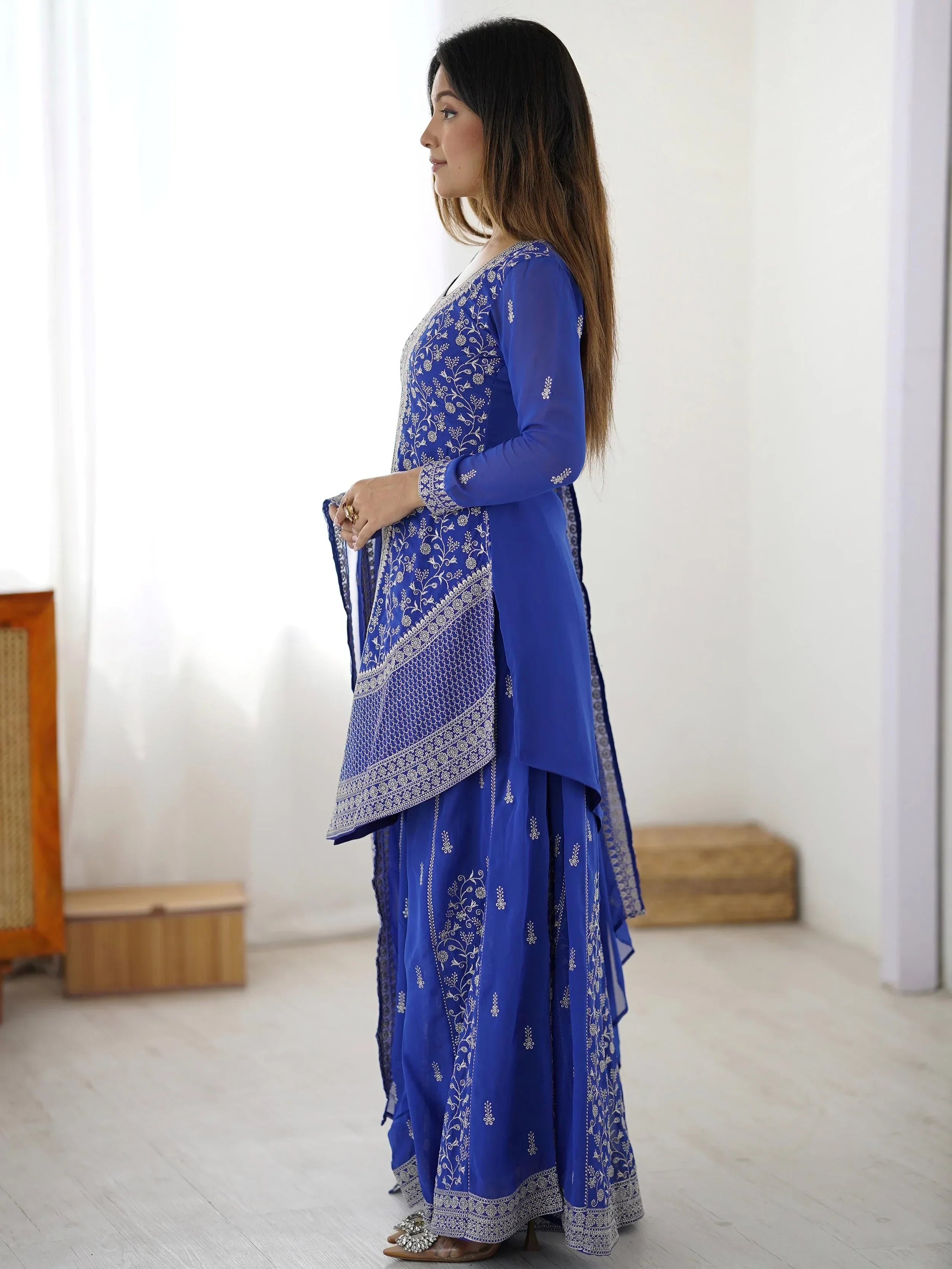 Blue Glamorous Embroidered Georgette Festive Wear Palazzo Suit