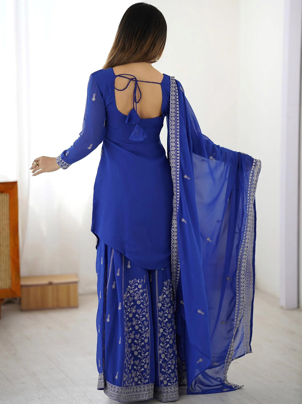 Blue Glamorous Embroidered Georgette Festive Wear Palazzo Suit