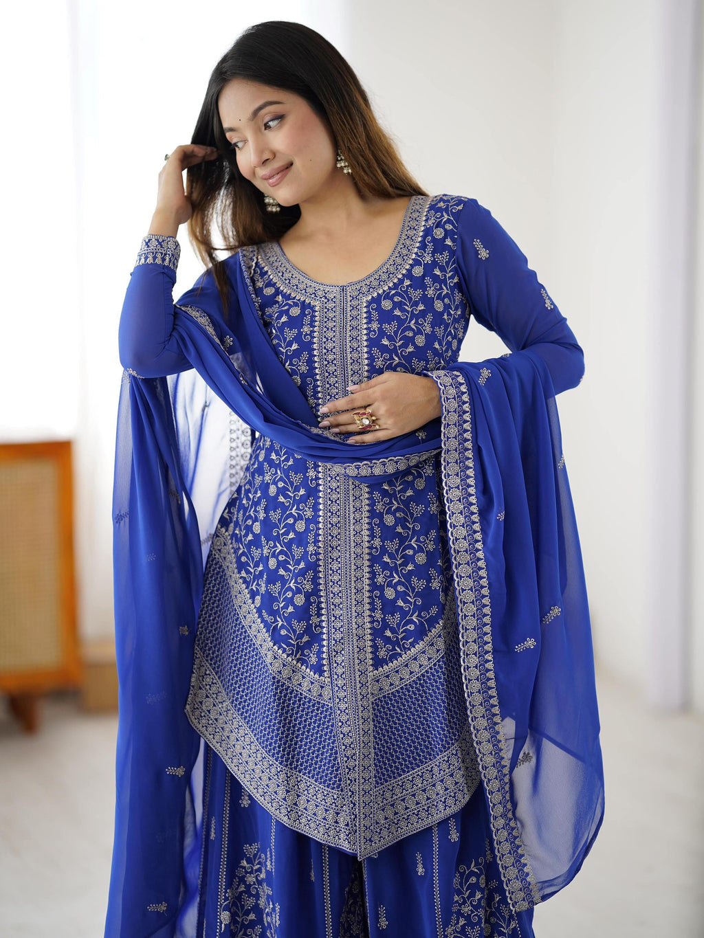 Blue Glamorous Embroidered Georgette Festive Wear Palazzo Suit