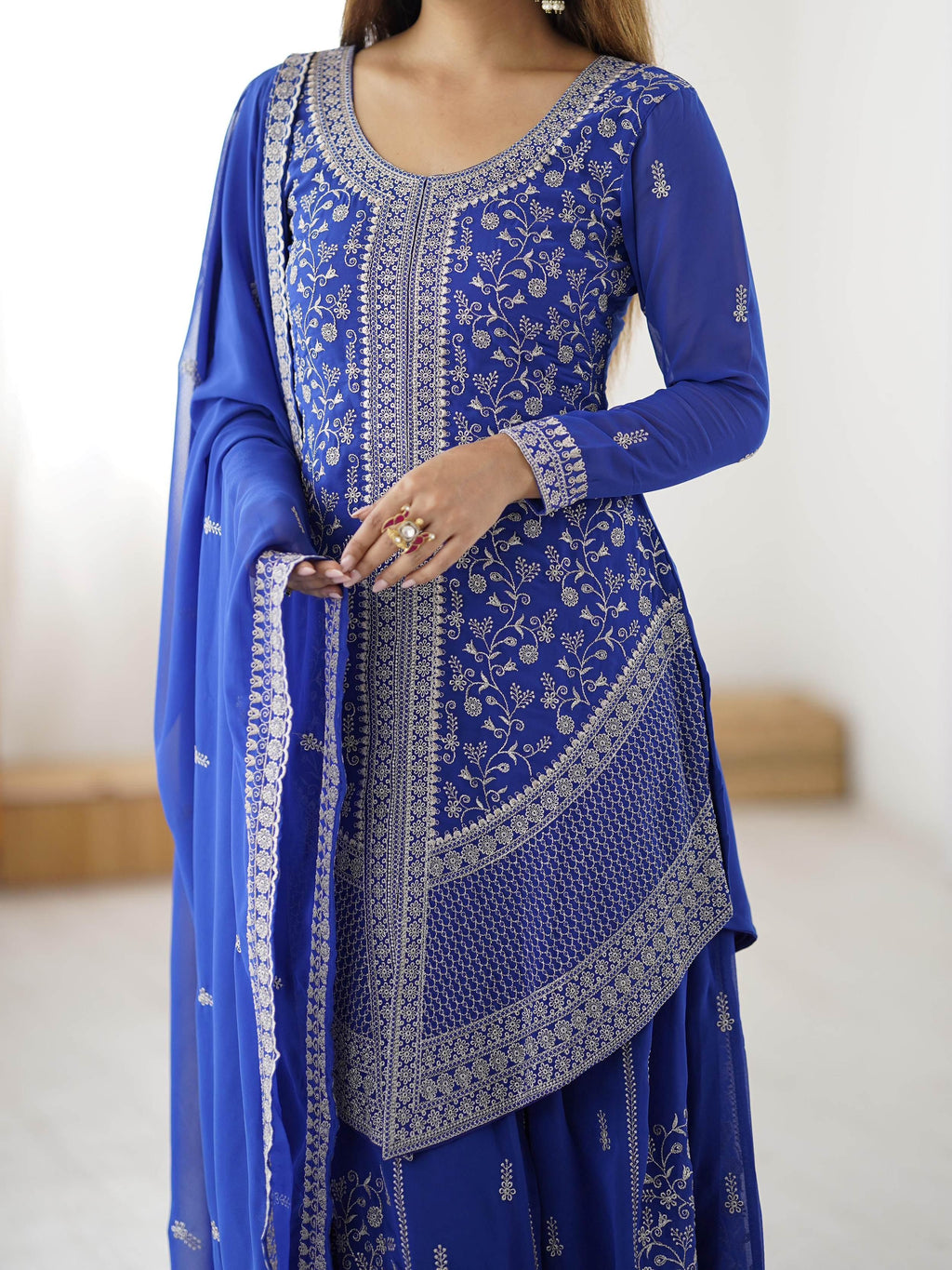 Blue Glamorous Embroidered Georgette Festive Wear Palazzo Suit