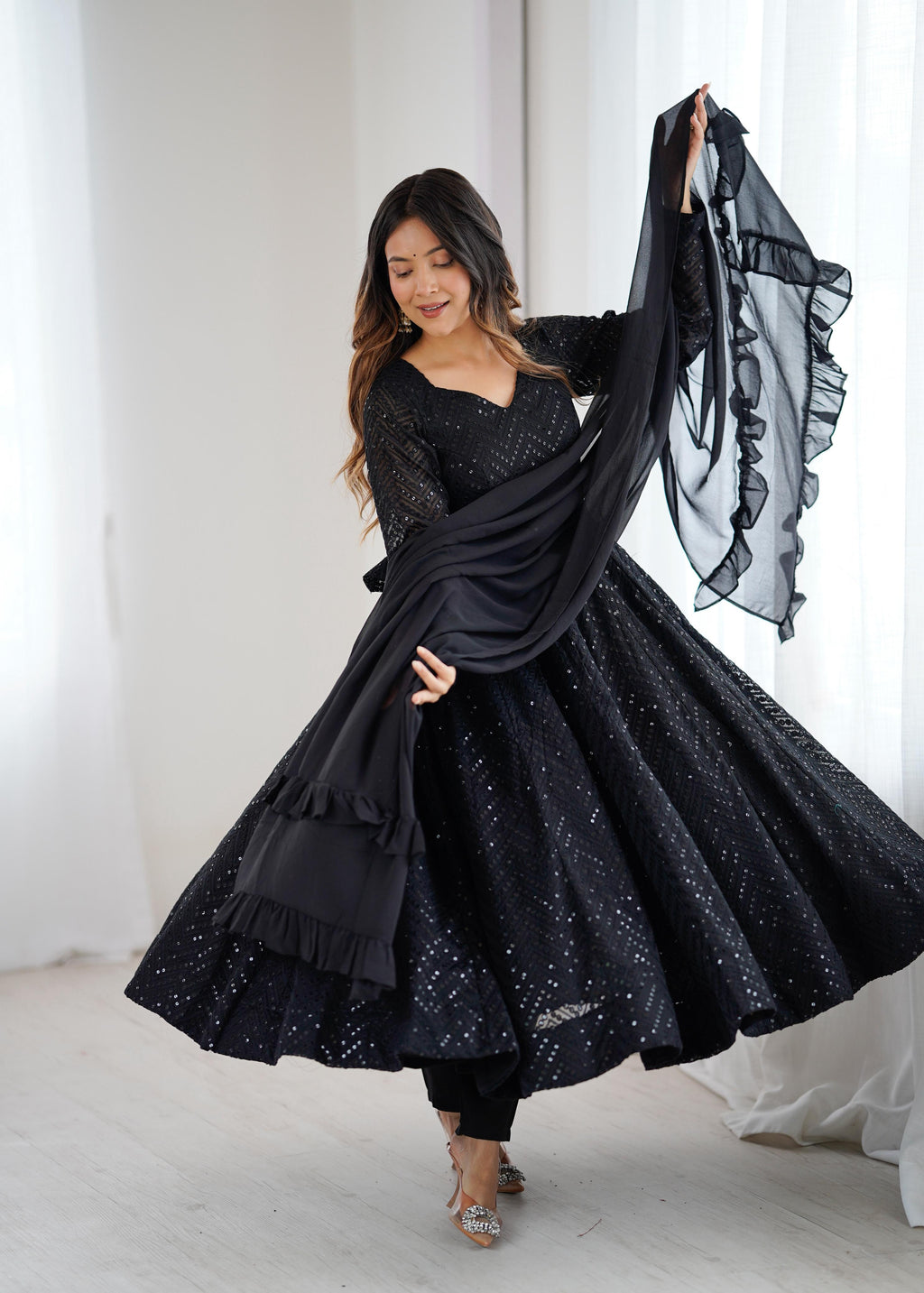 Black Pure Soft Georgette Anarkali Suit Set with Huge Flair for Festive Occasions
