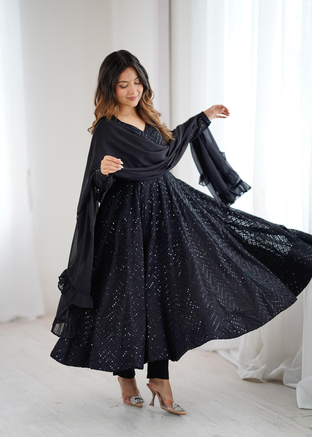 Black Pure Soft Georgette Anarkali Suit Set with Huge Flair for Festive Occasions