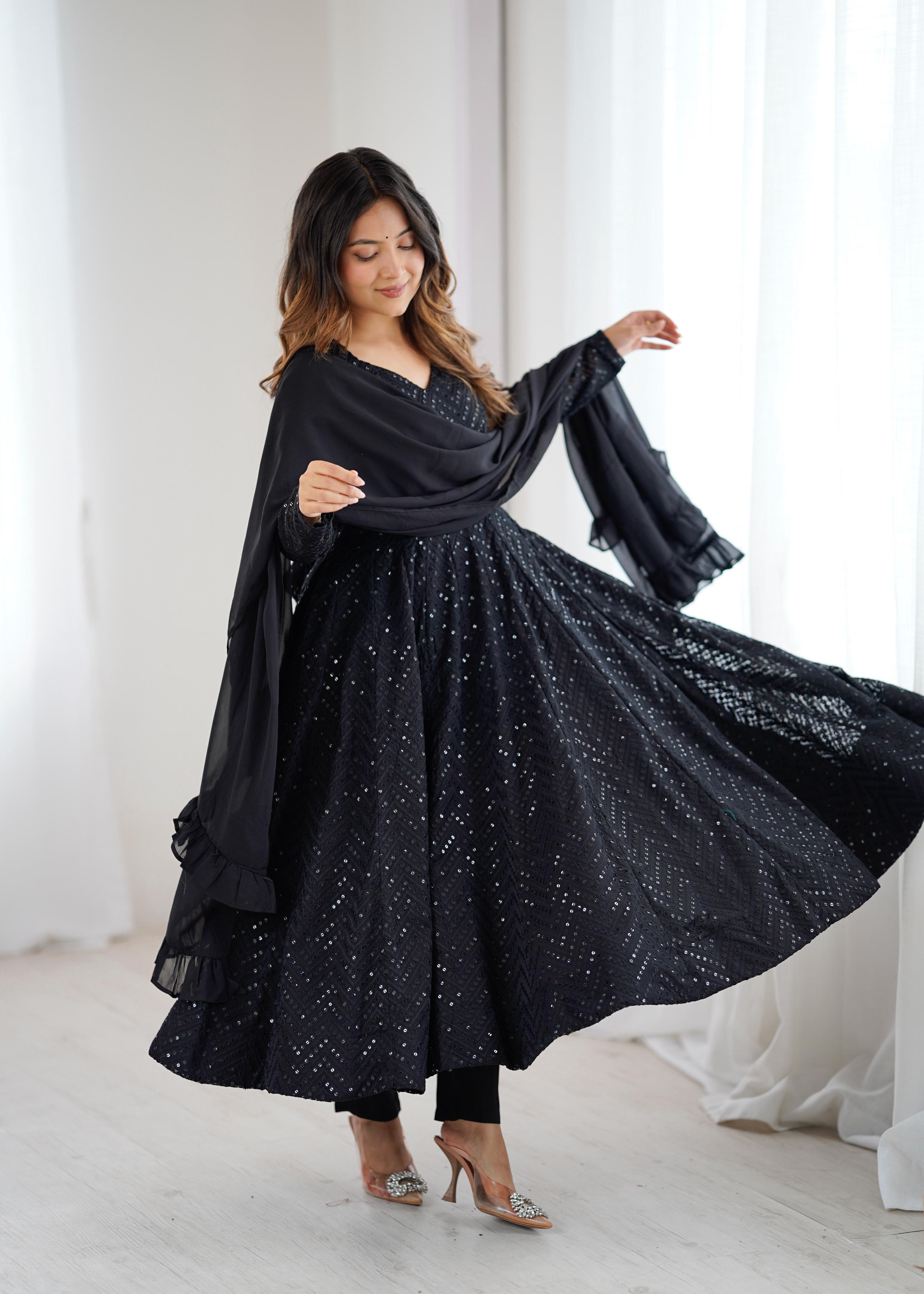 Black Pure Soft Georgette Anarkali Suit Set with Huge Flair for Festive Occasions