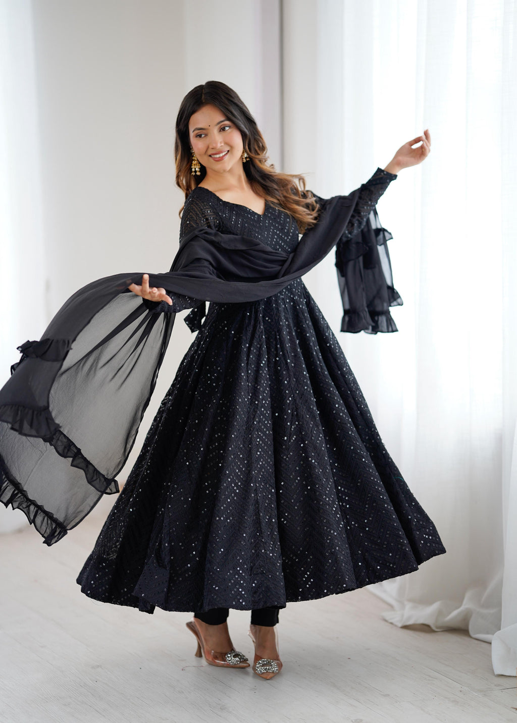 Black Pure Soft Georgette Anarkali Suit Set with Huge Flair for Festive Occasions