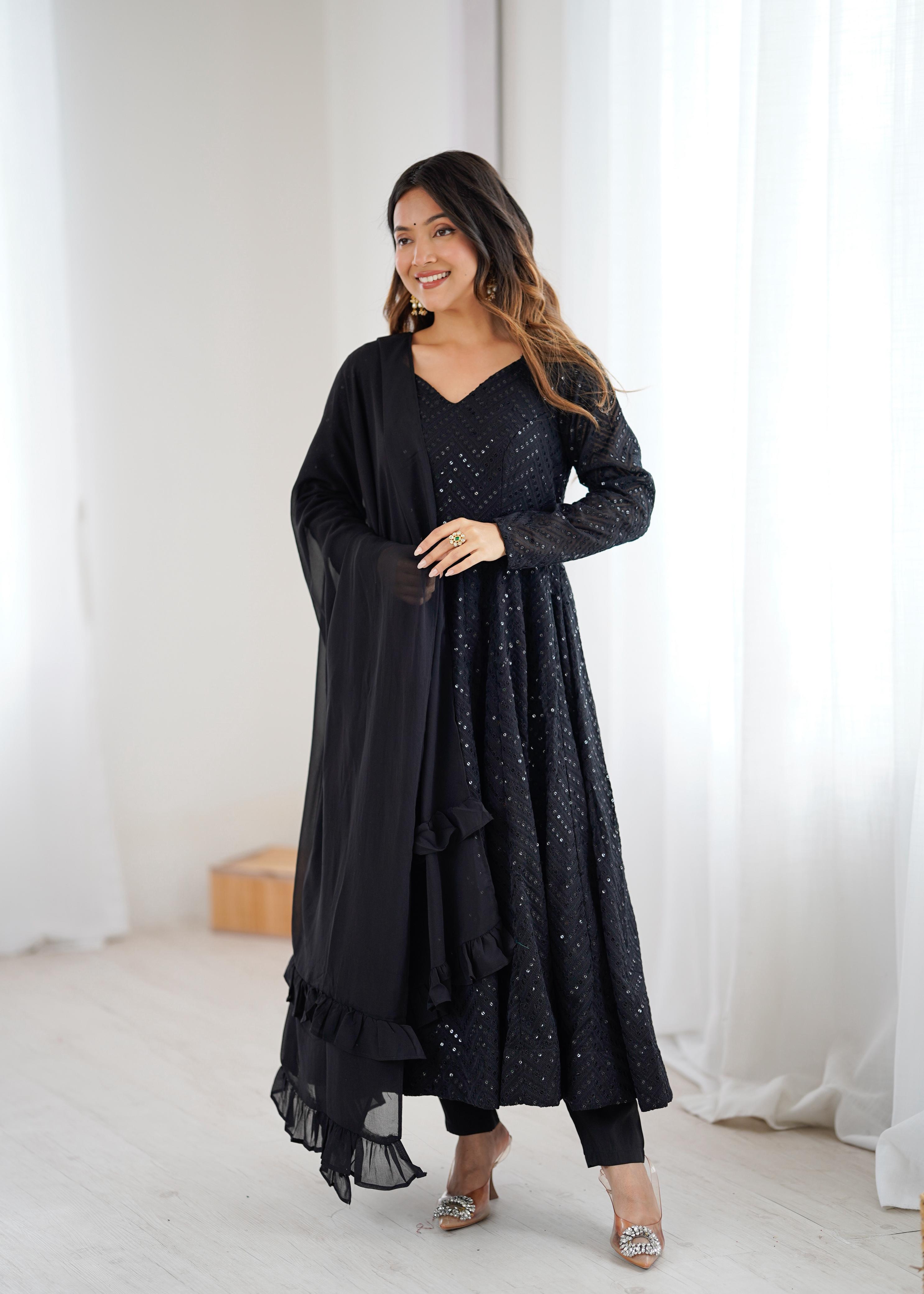 Black Pure Soft Georgette Anarkali Suit Set with Huge Flair for Festive Occasions