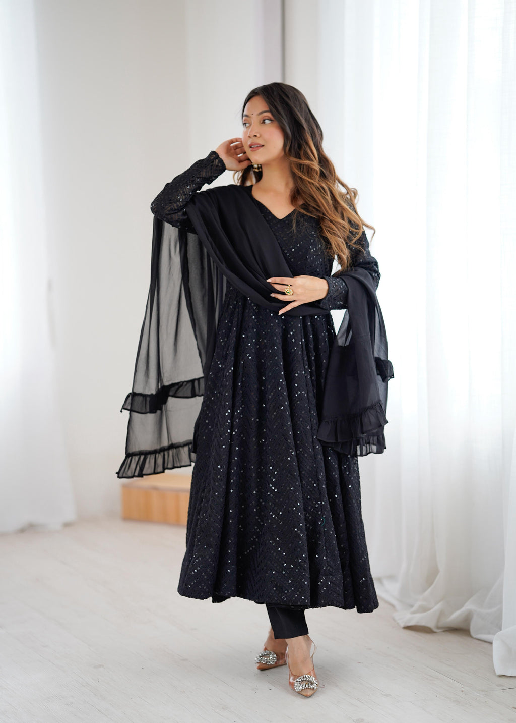 Black Pure Soft Georgette Anarkali Suit Set with Huge Flair for Festive Occasions