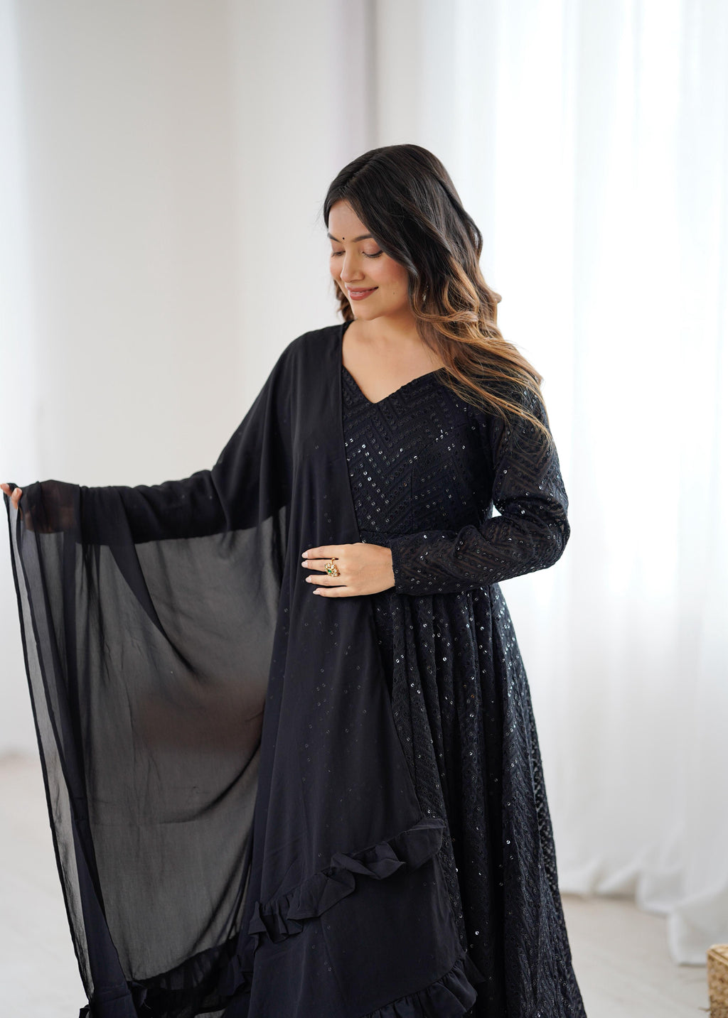 Black Pure Soft Georgette Anarkali Suit Set with Huge Flair for Festive Occasions