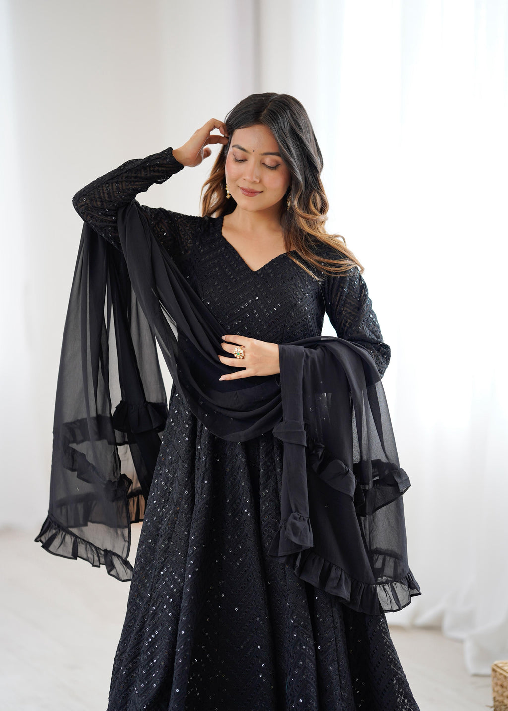 Black Pure Soft Georgette Anarkali Suit Set with Huge Flair for Festive Occasions