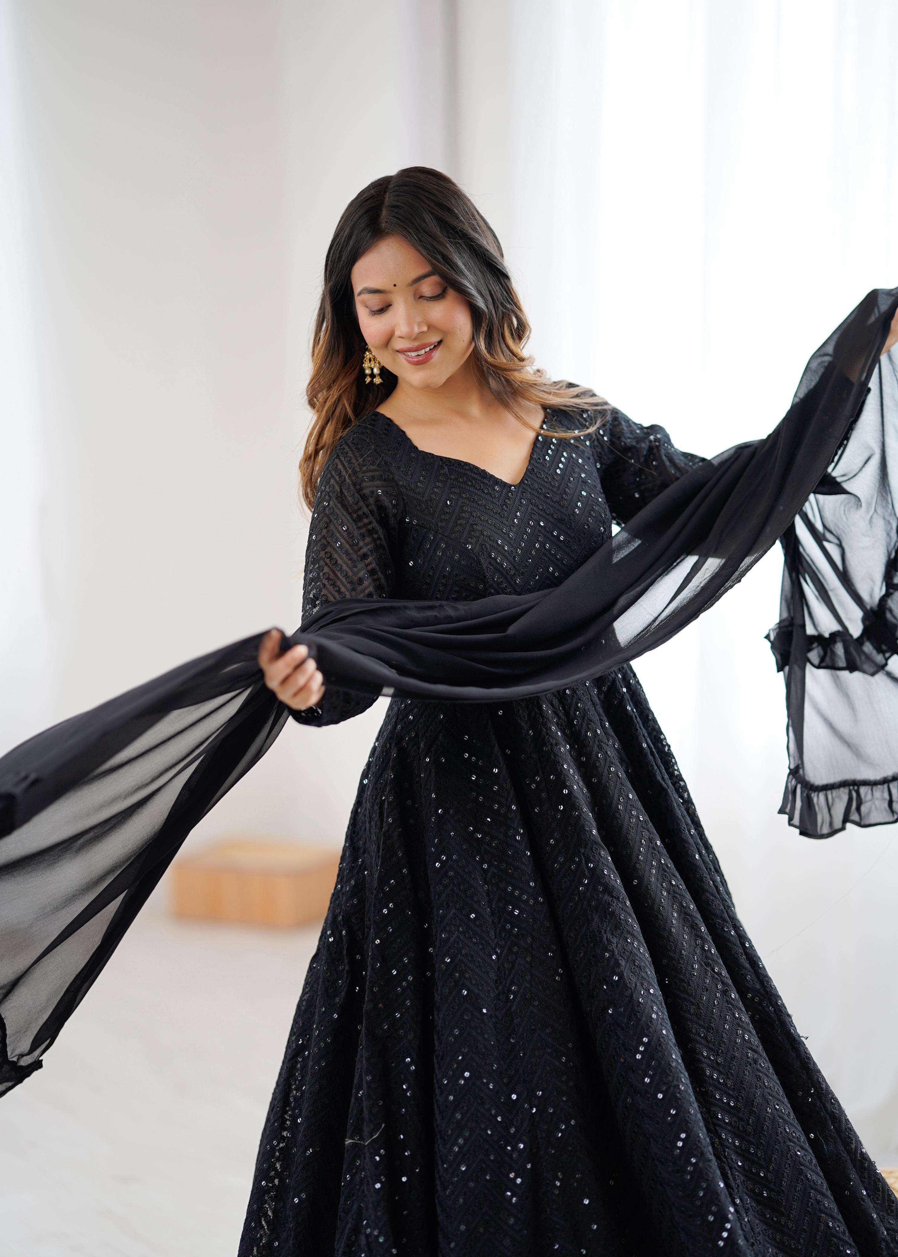 Black Pure Soft Georgette Anarkali Suit Set with Huge Flair for Festive Occasions