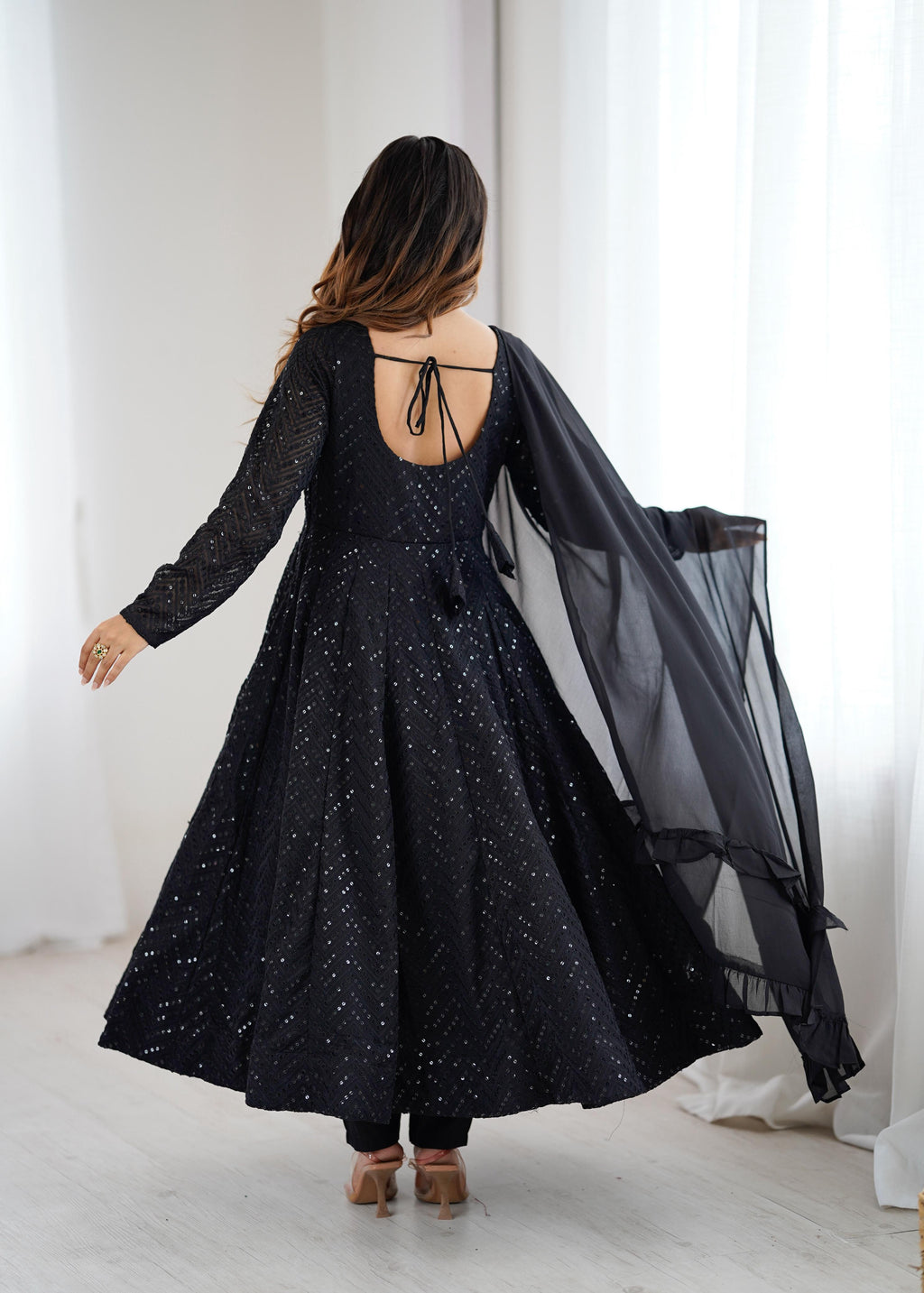 Black Pure Soft Georgette Anarkali Suit Set with Huge Flair for Festive Occasions
