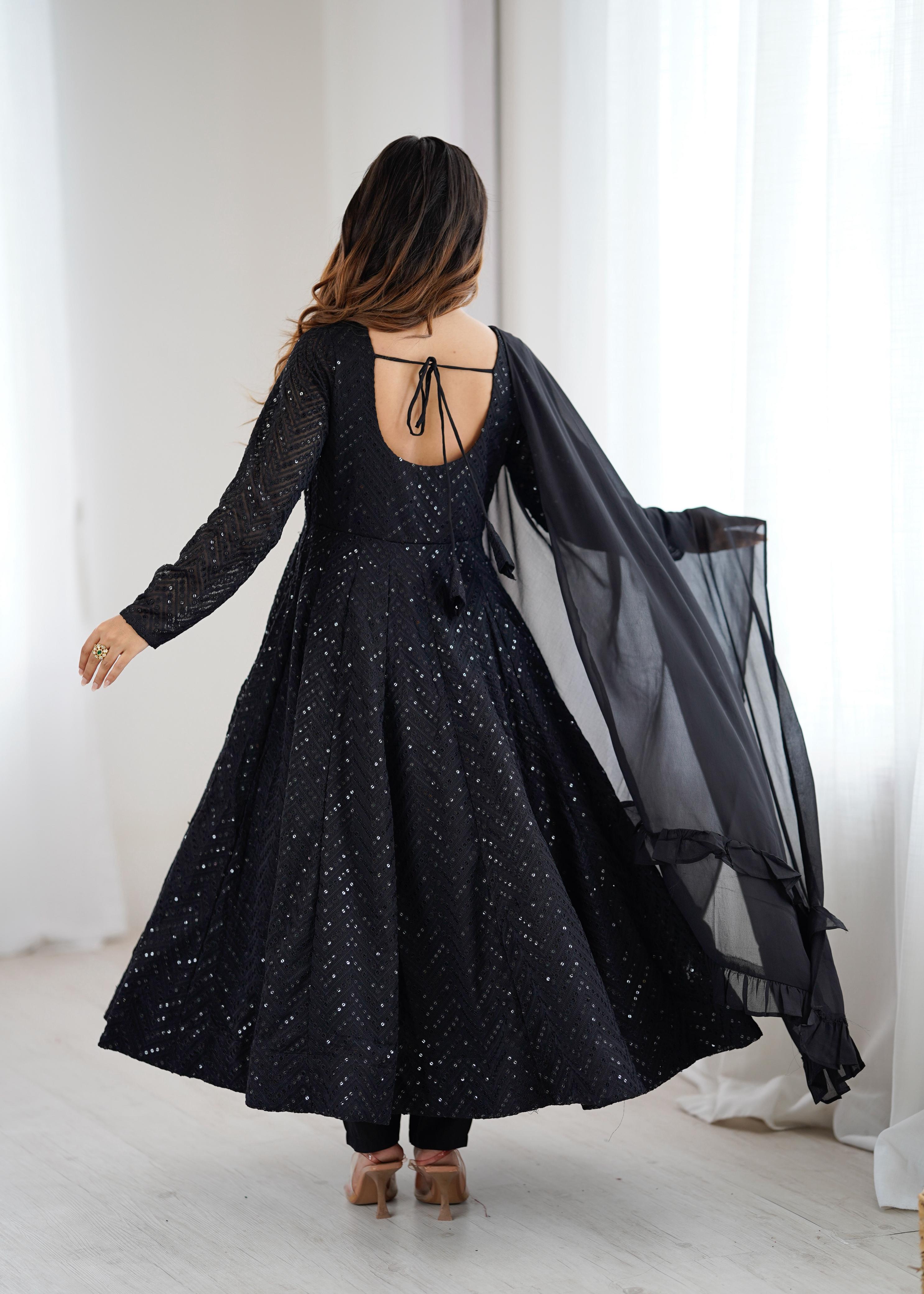 Black Pure Soft Georgette Anarkali Suit Set with Huge Flair for Festive Occasions