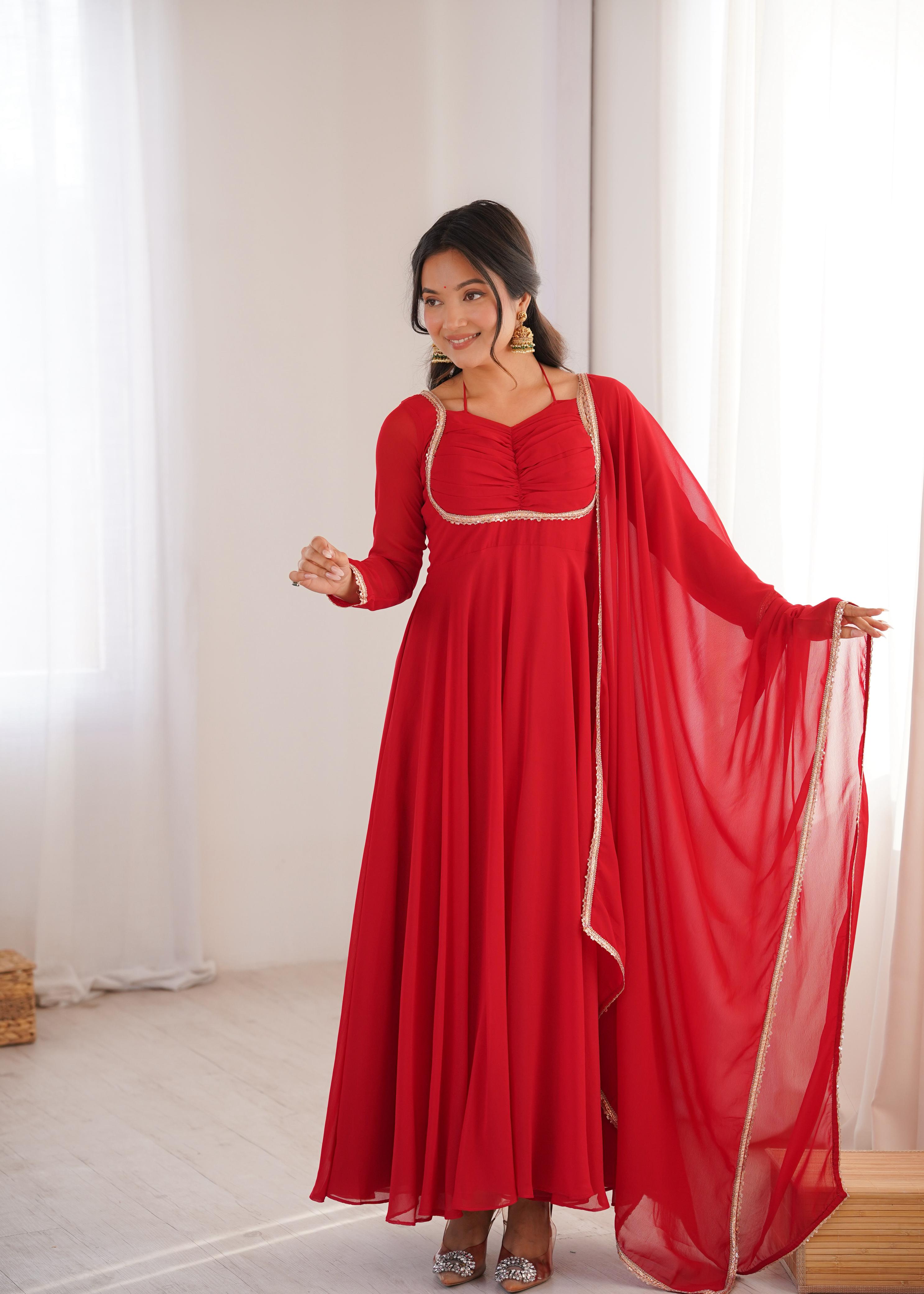 Red Pure Georgette Anarkali Dress with Dupatta for festive occasions