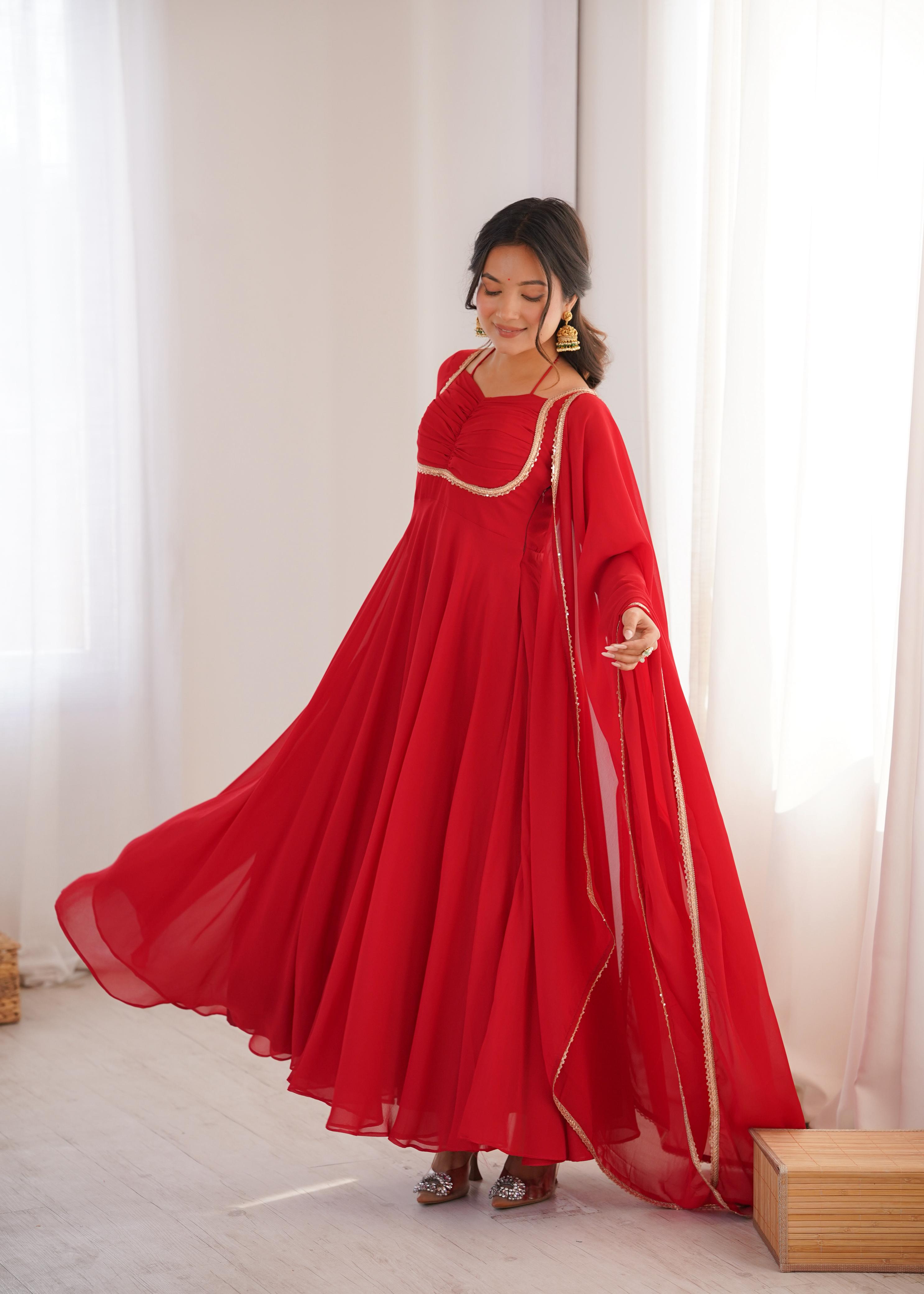Red Pure Georgette Anarkali Dress with Dupatta for festive occasions