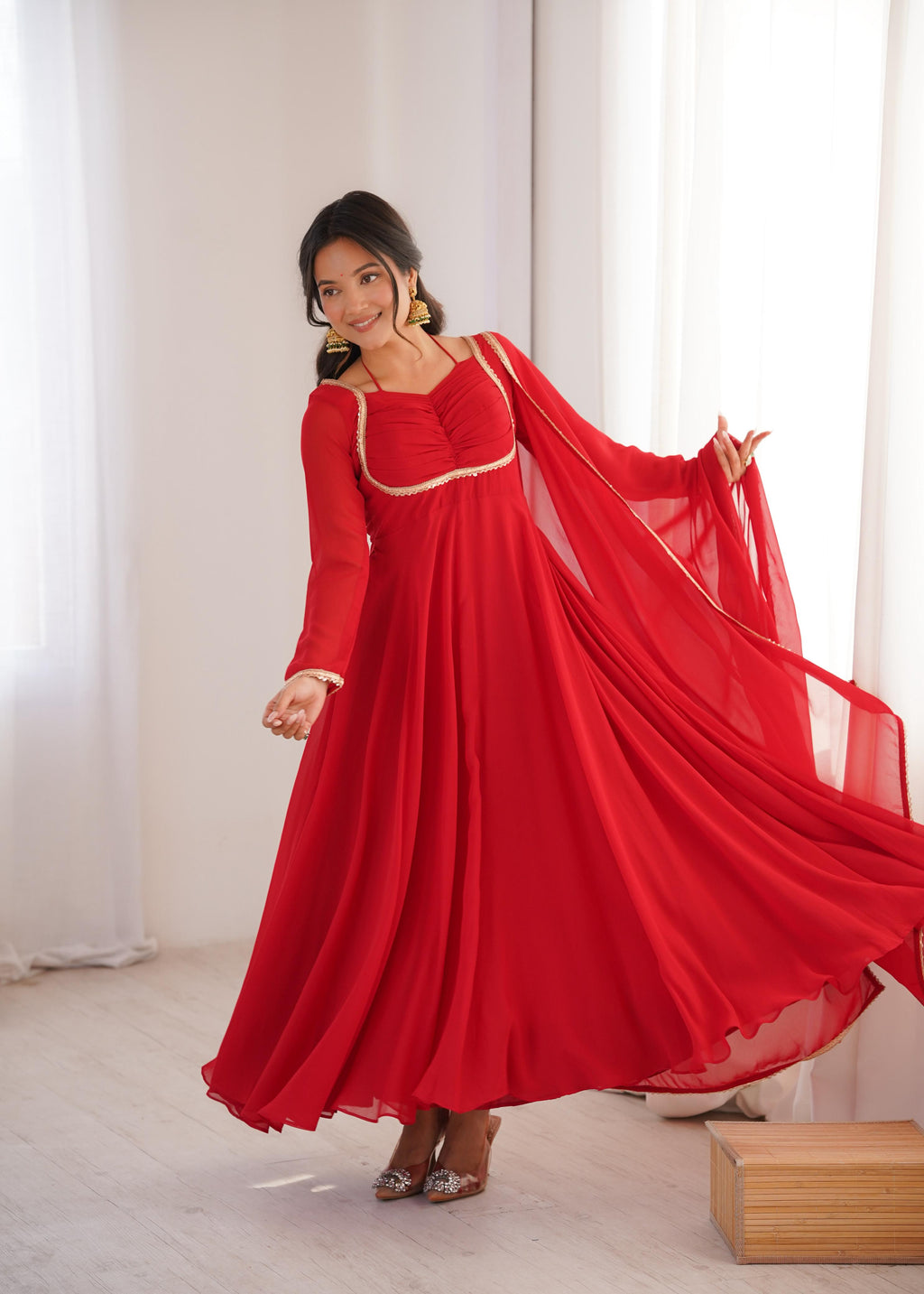 Red Pure Georgette Anarkali Dress with Dupatta for festive occasions