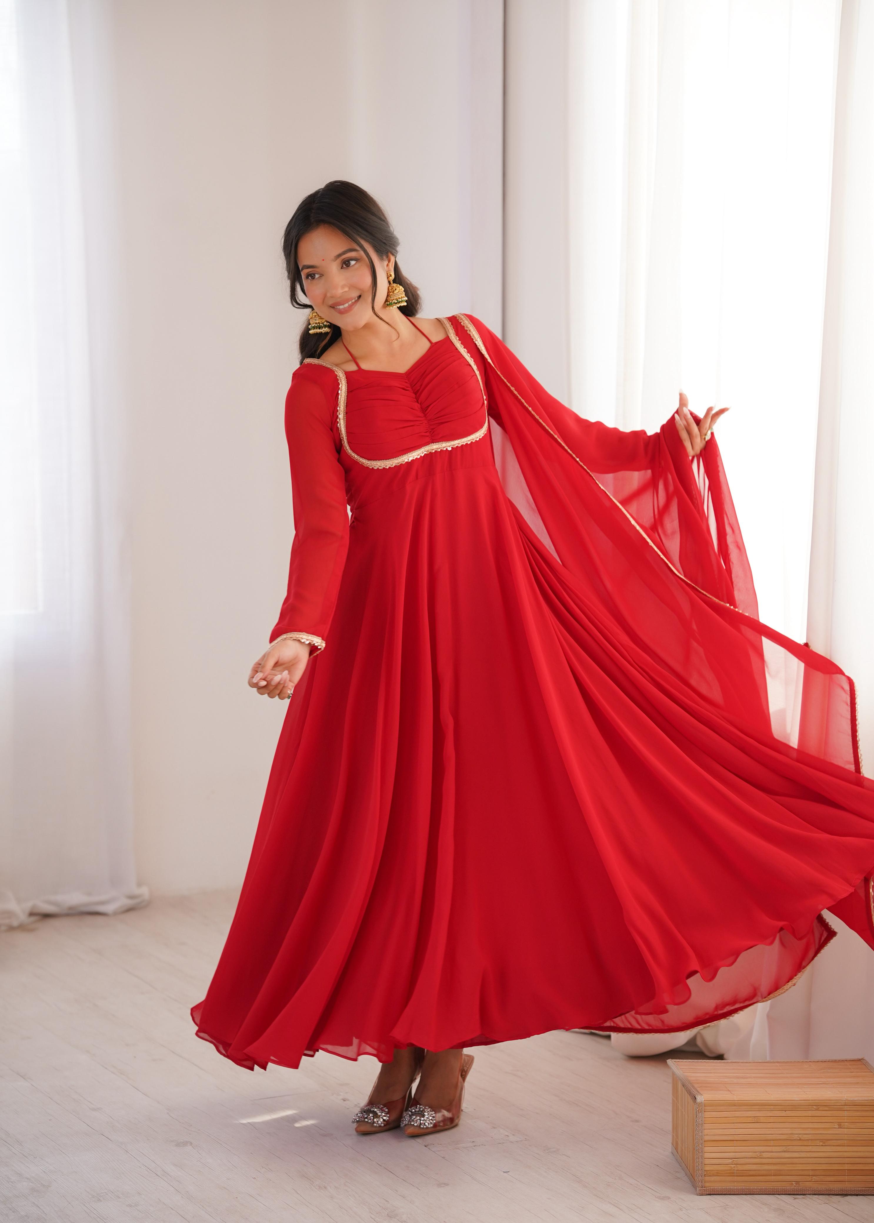 Red Pure Georgette Anarkali Dress with Dupatta for festive occasions