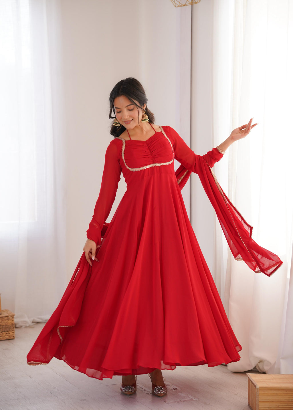 Red Pure Georgette Anarkali Dress with Dupatta for festive occasions
