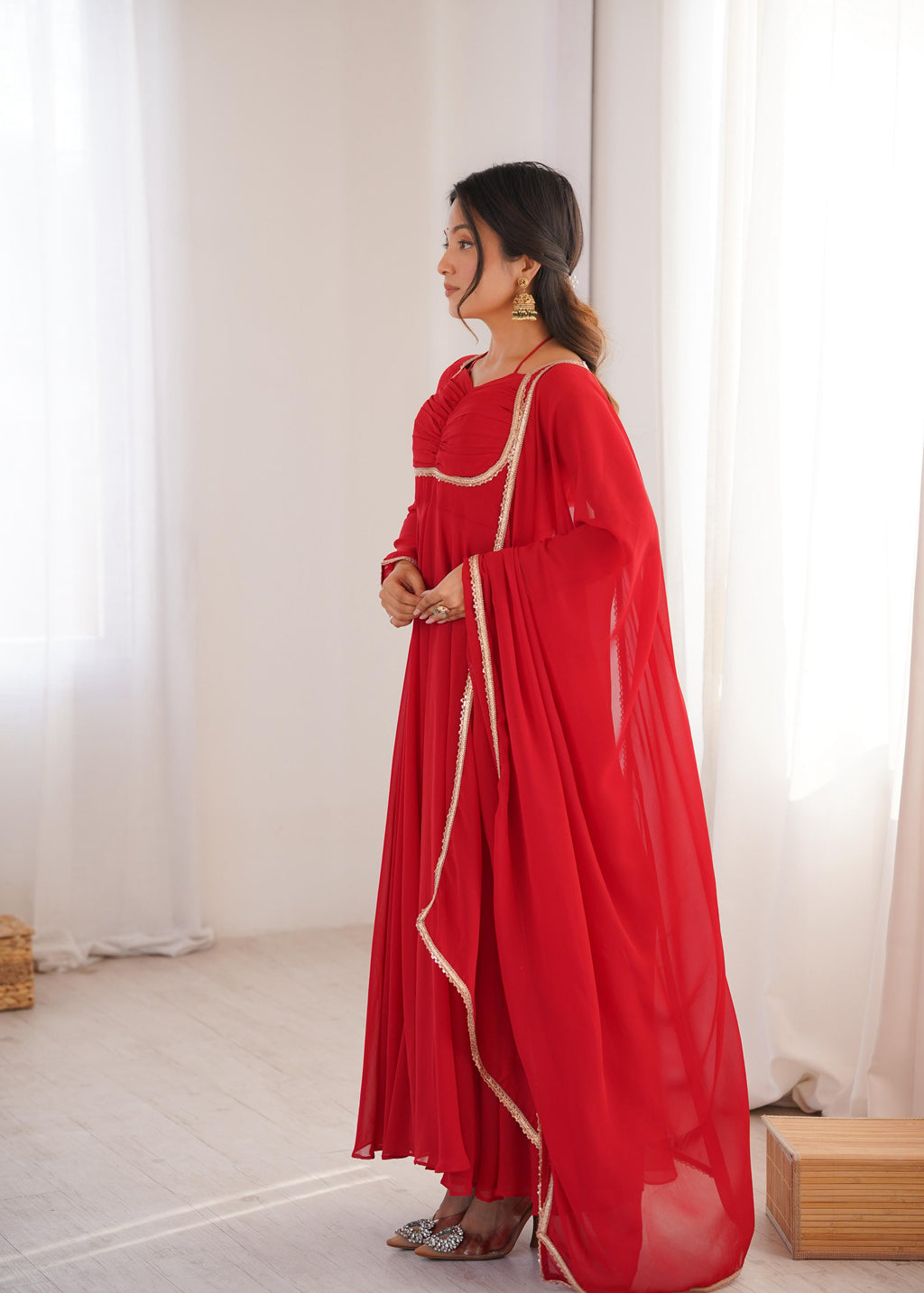 Red Pure Georgette Anarkali Dress with Dupatta for festive occasions