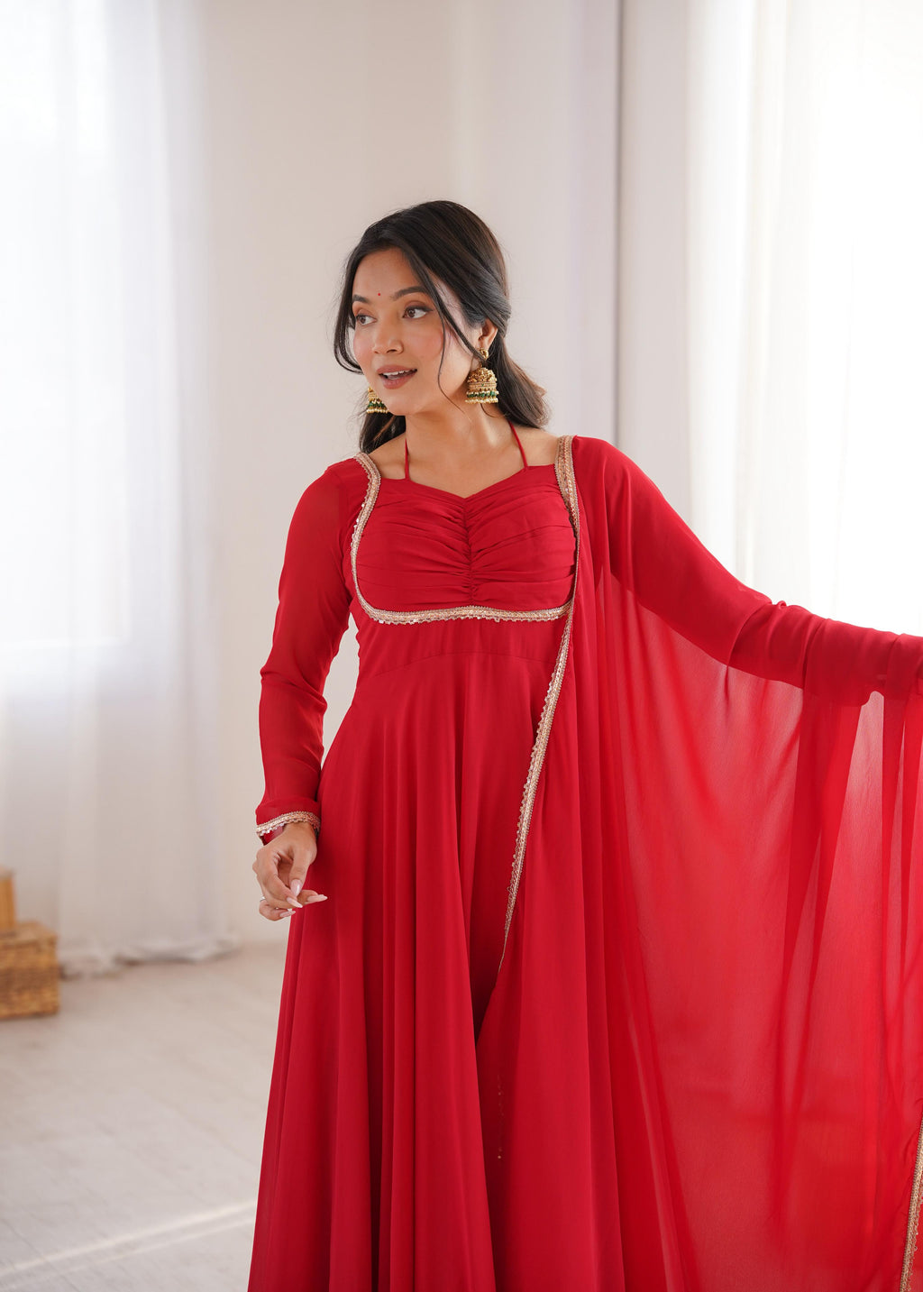 Red Pure Georgette Anarkali Dress with Dupatta for festive occasions