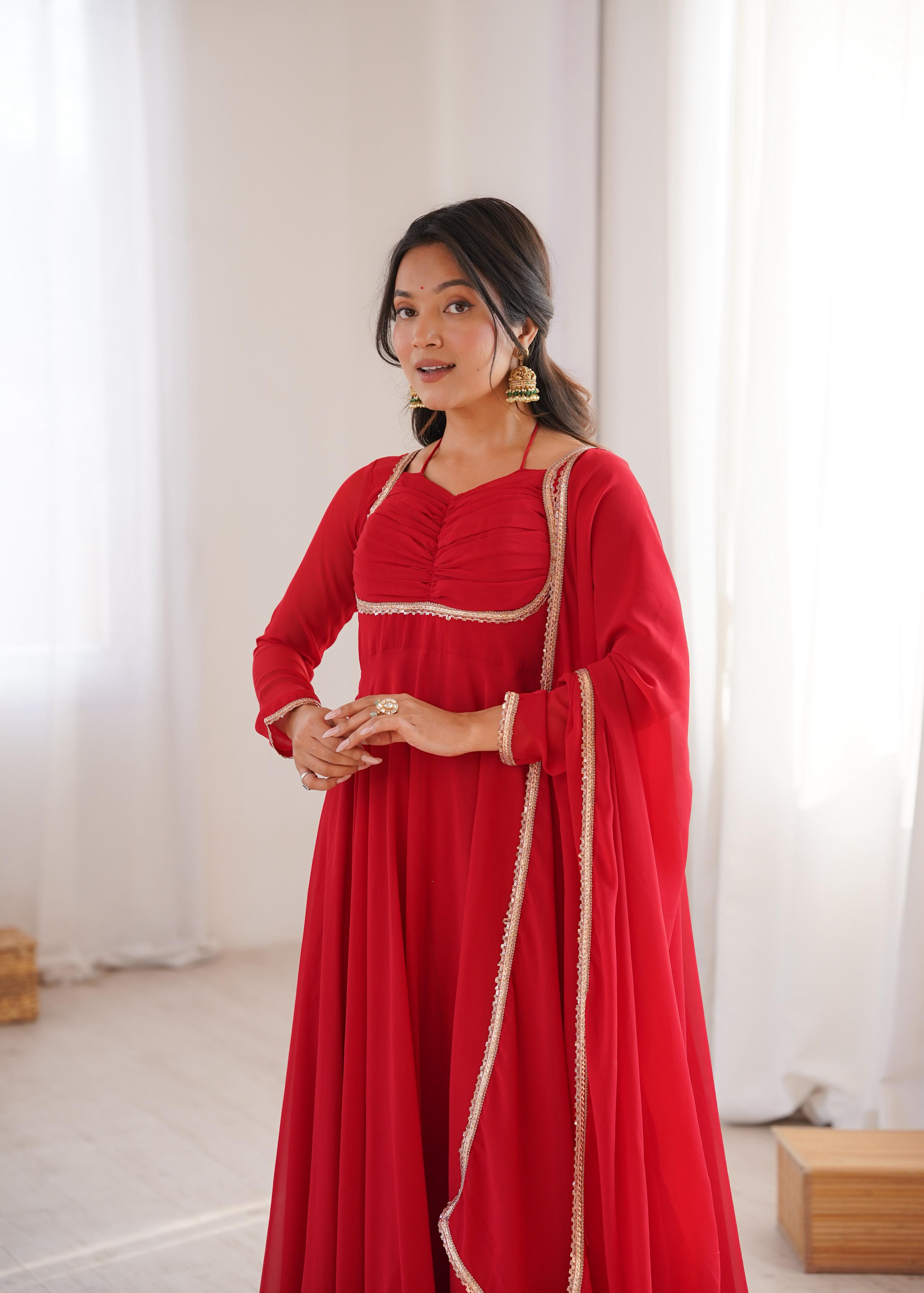 Red Pure Georgette Anarkali Dress with Dupatta for festive occasions