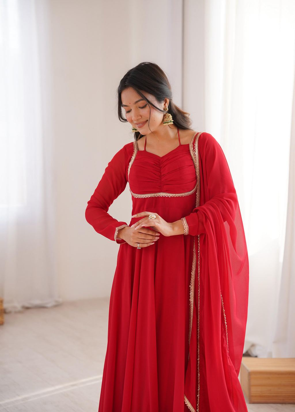 Red Pure Georgette Anarkali Dress with Dupatta for festive occasions