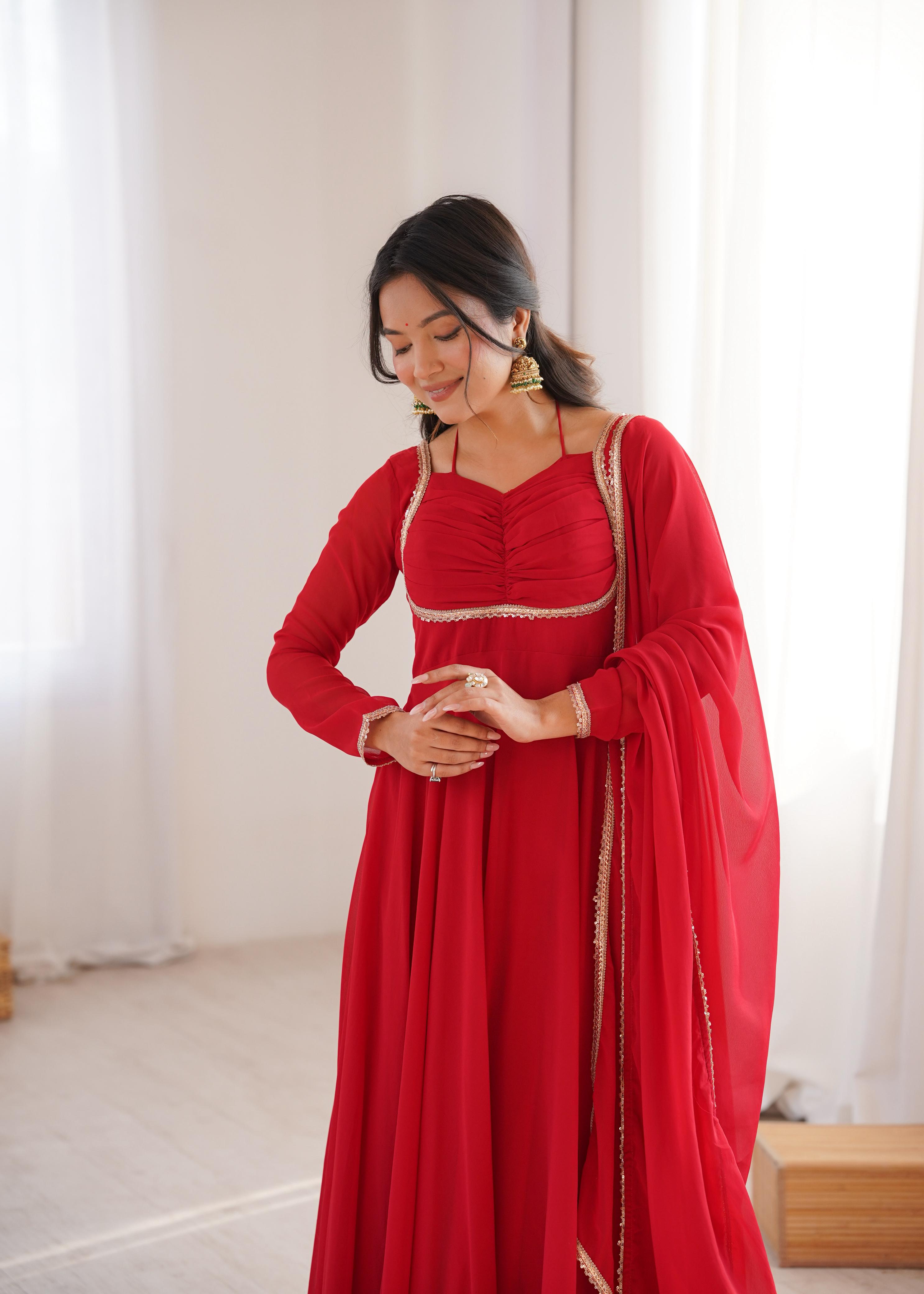 Red Pure Georgette Anarkali Dress with Dupatta for festive occasions