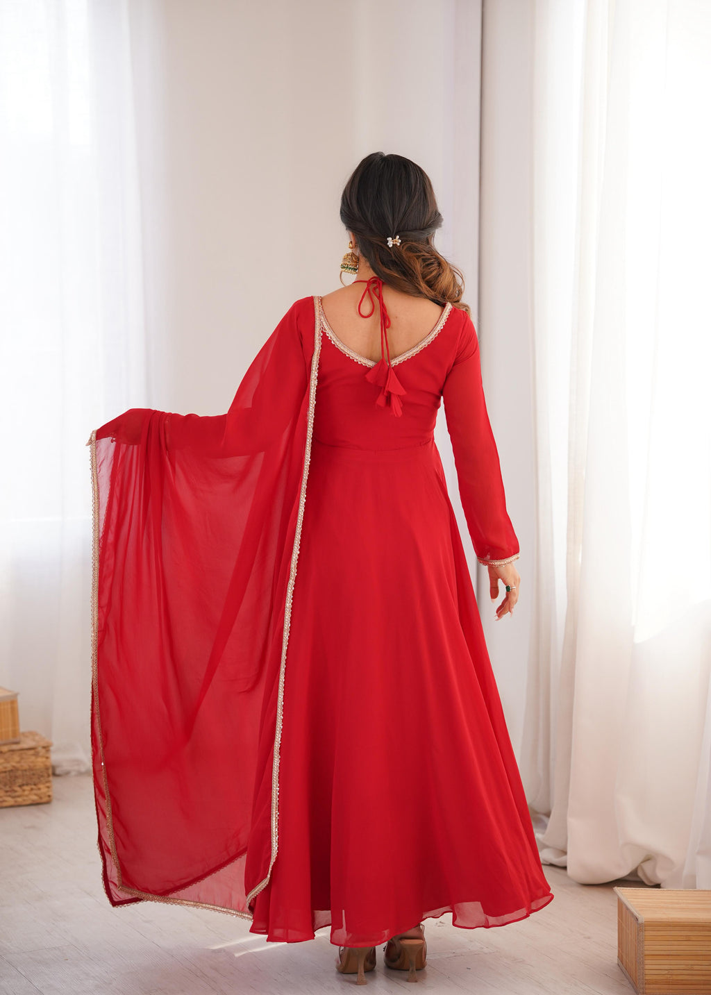 Red Pure Georgette Anarkali Dress with Dupatta for festive occasions