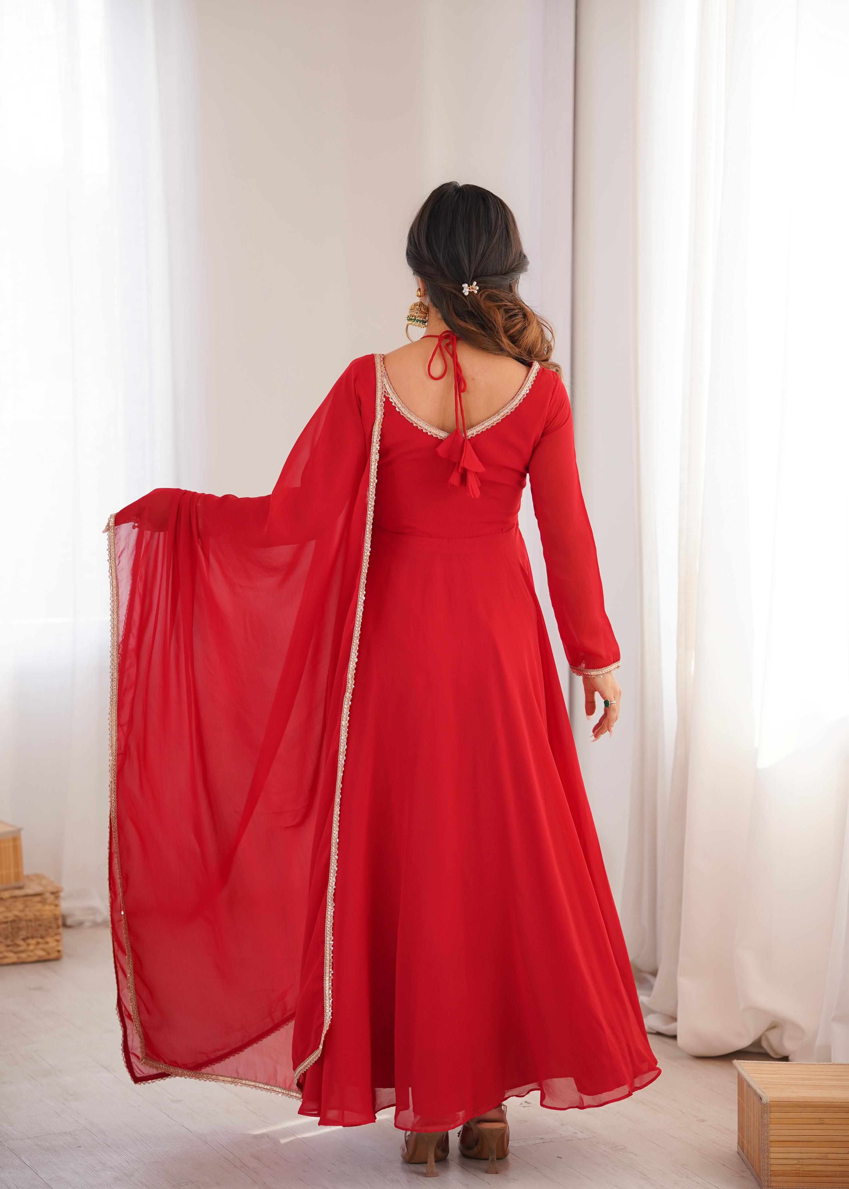Red Pure Georgette Anarkali Dress with Dupatta for festive occasions