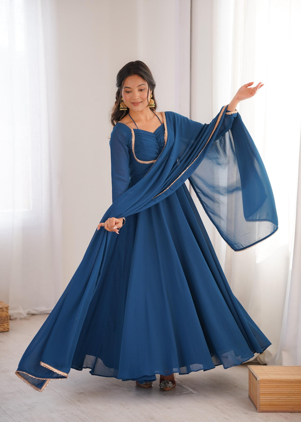 Teal Pure Georgette Anarkali Dress with Dupatta for festive occasions