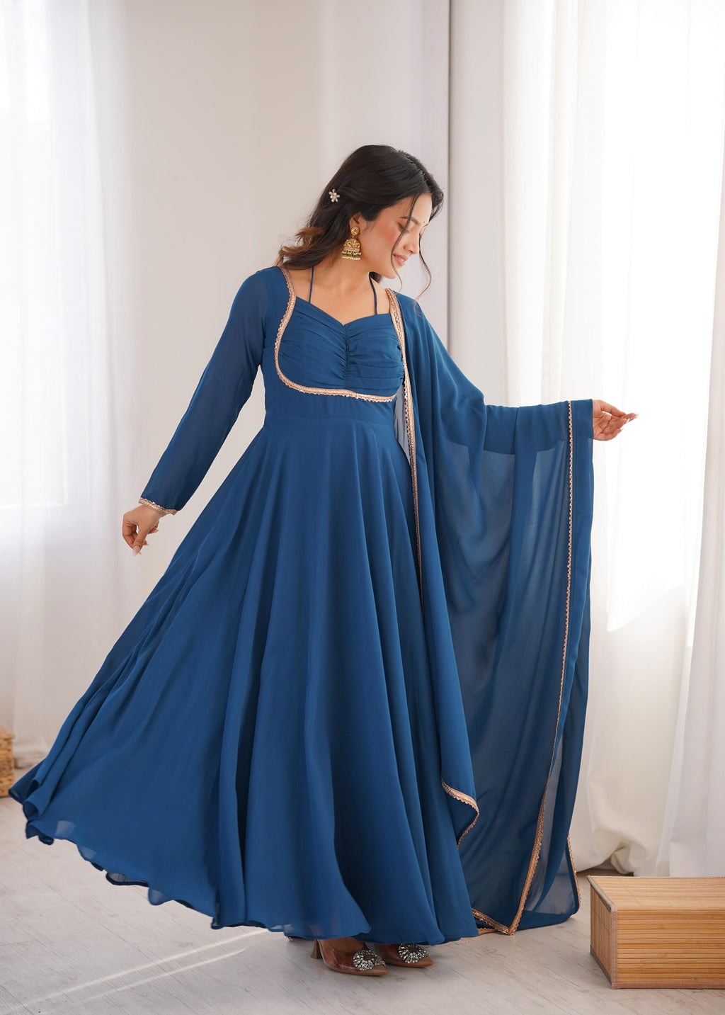 Teal Pure Georgette Anarkali Dress with Dupatta for festive occasions