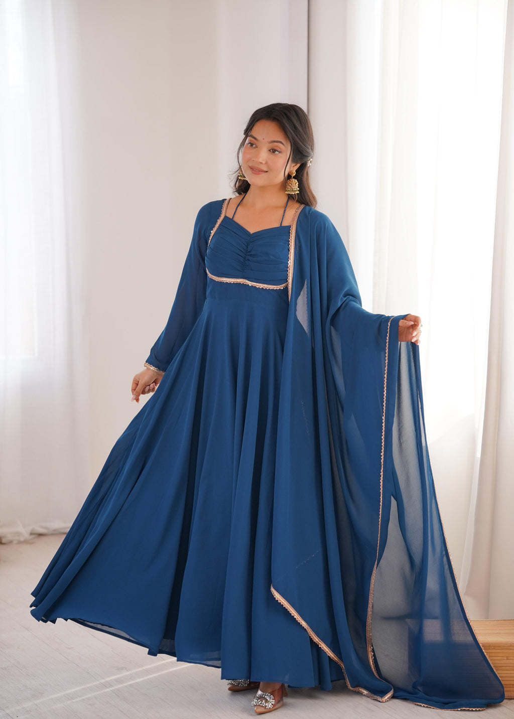 Teal Pure Georgette Anarkali Dress with Dupatta for festive occasions