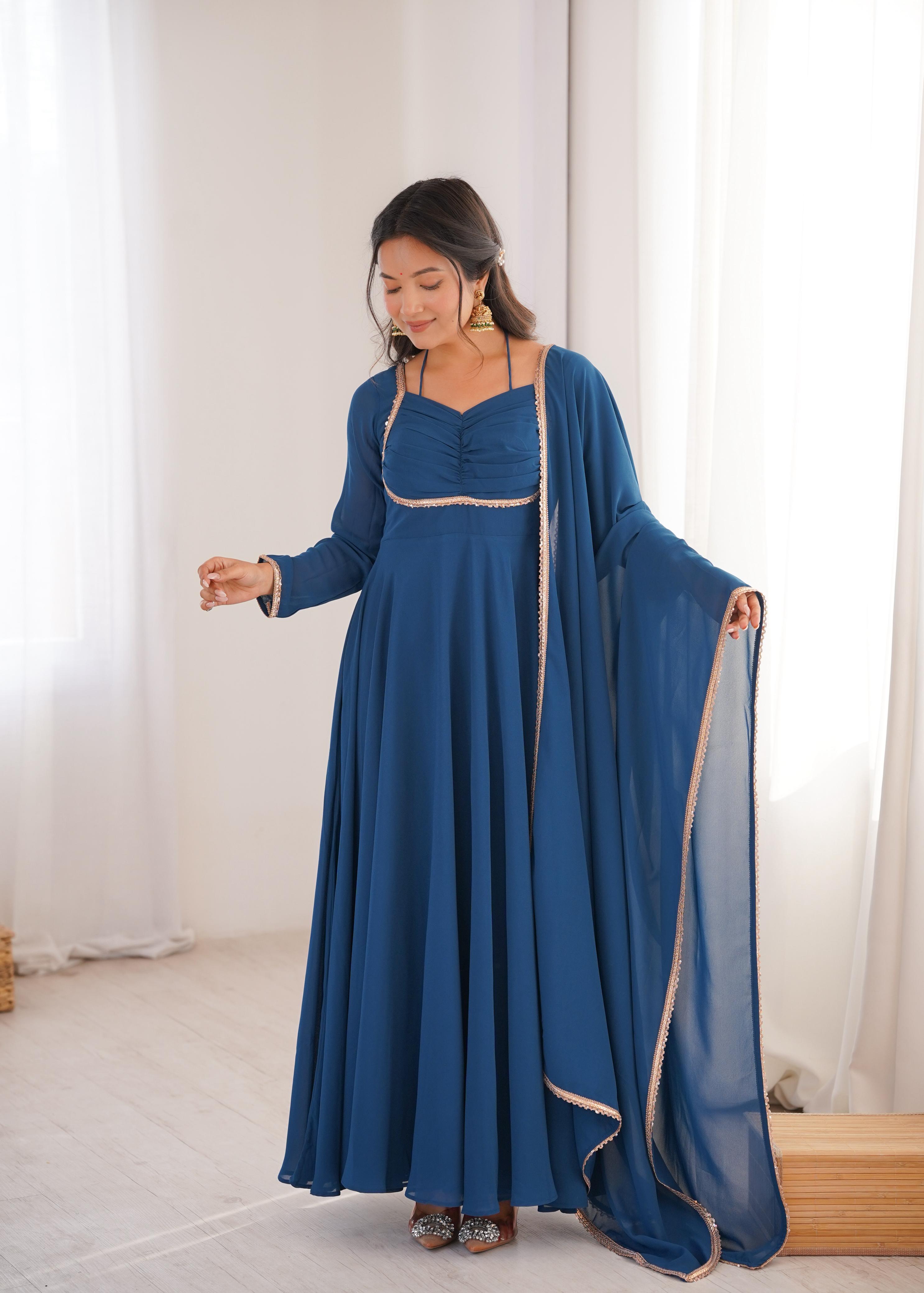 Teal Pure Georgette Anarkali Dress with Dupatta for festive occasions