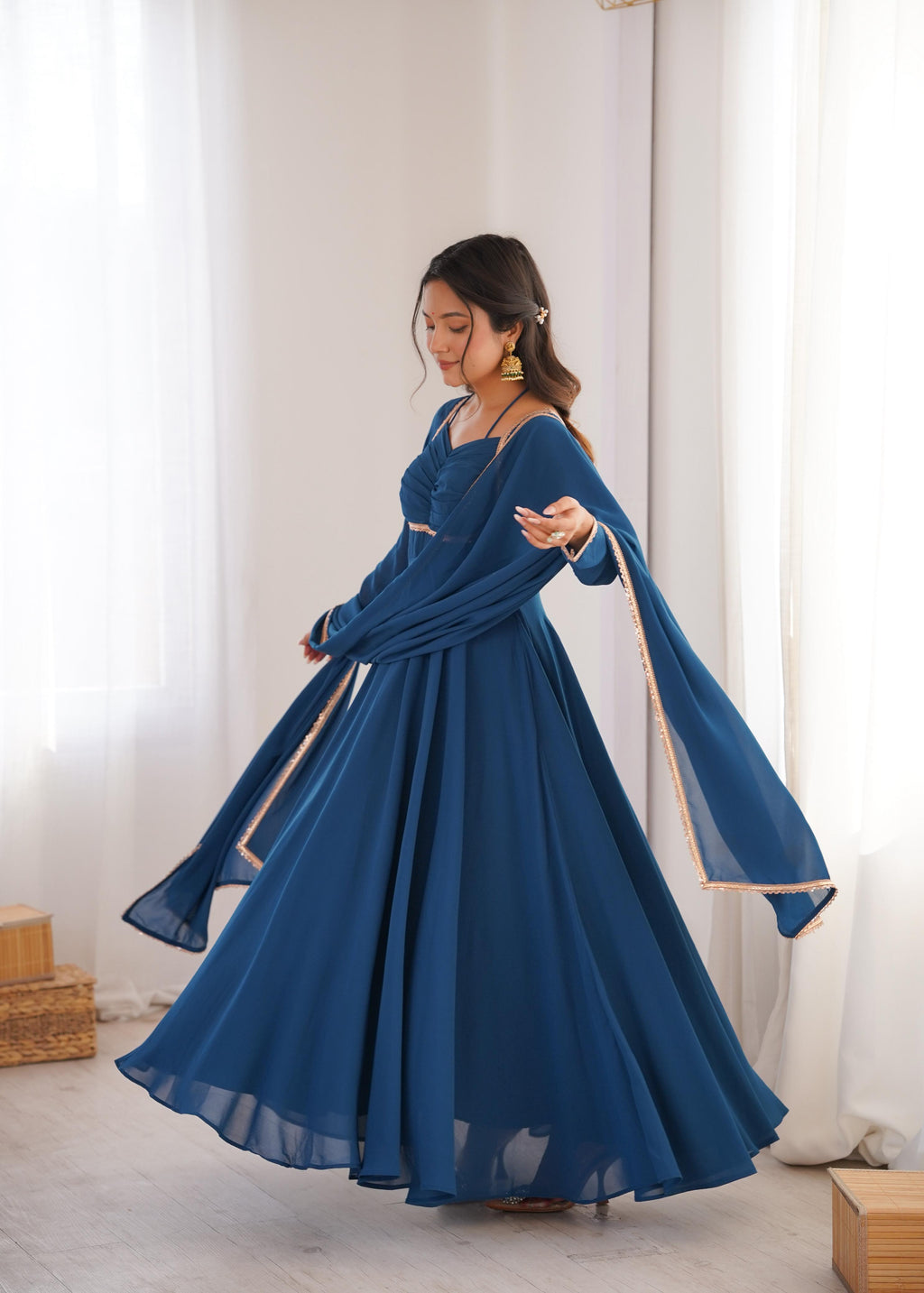 Teal Pure Georgette Anarkali Dress with Dupatta for festive occasions