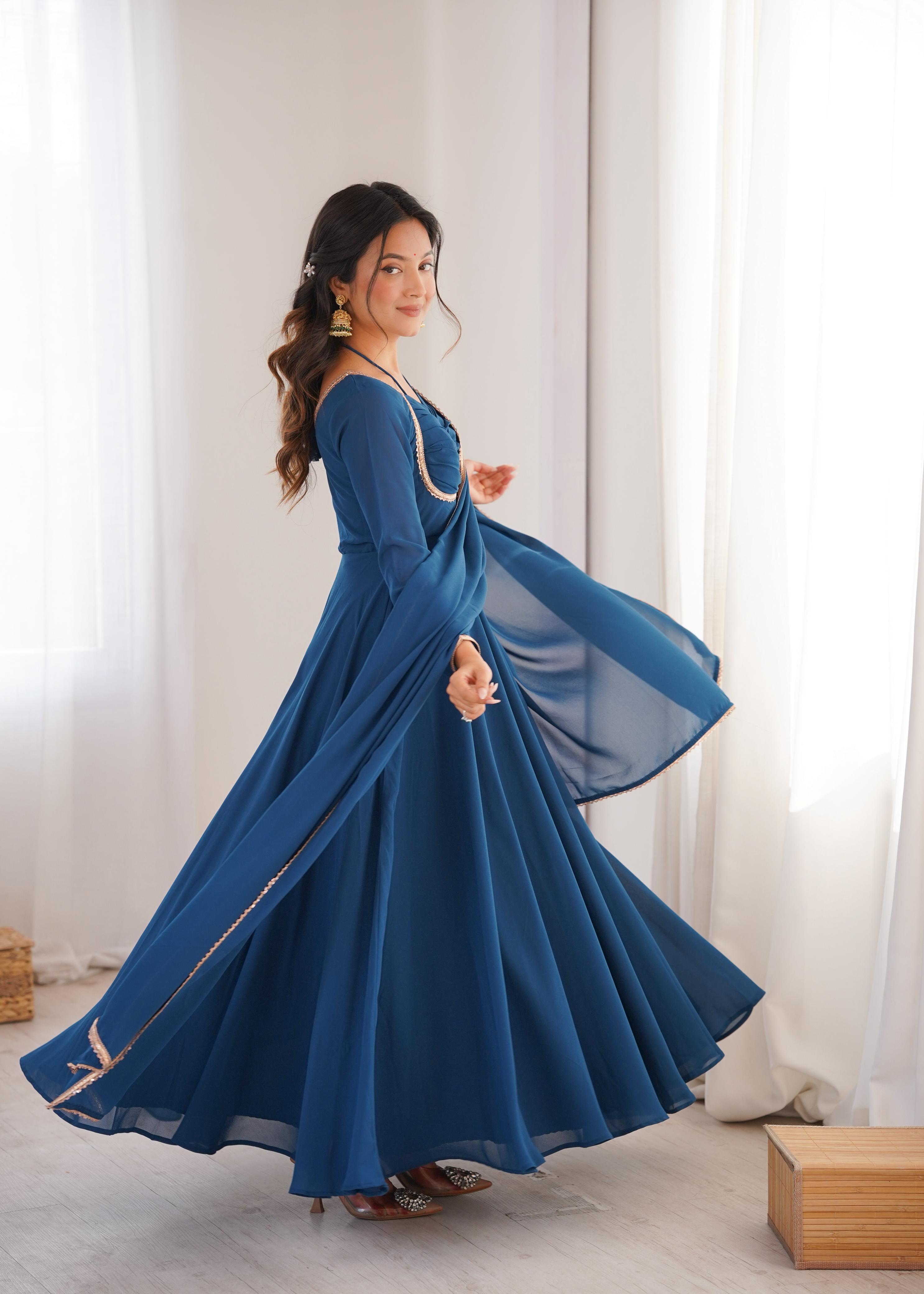 Teal Pure Georgette Anarkali Dress with Dupatta for festive occasions