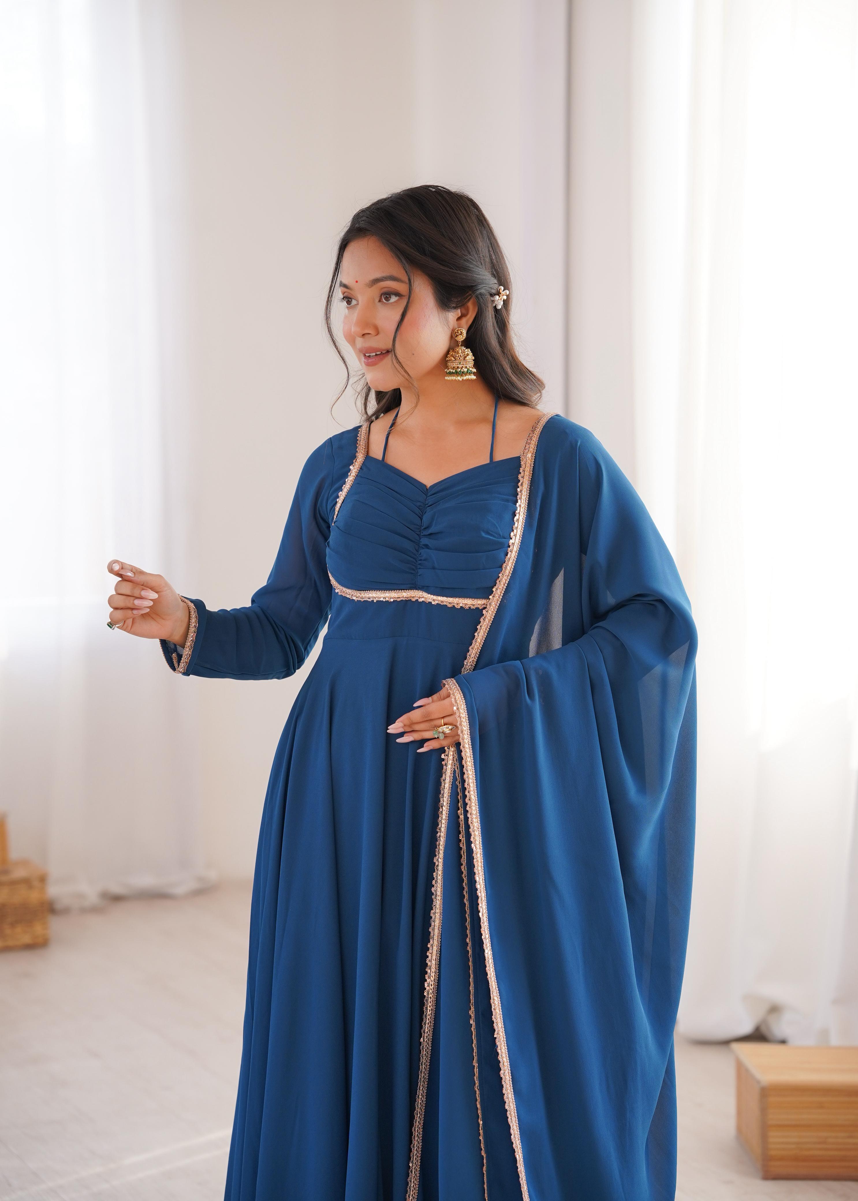 Teal Pure Georgette Anarkali Dress with Dupatta for festive occasions