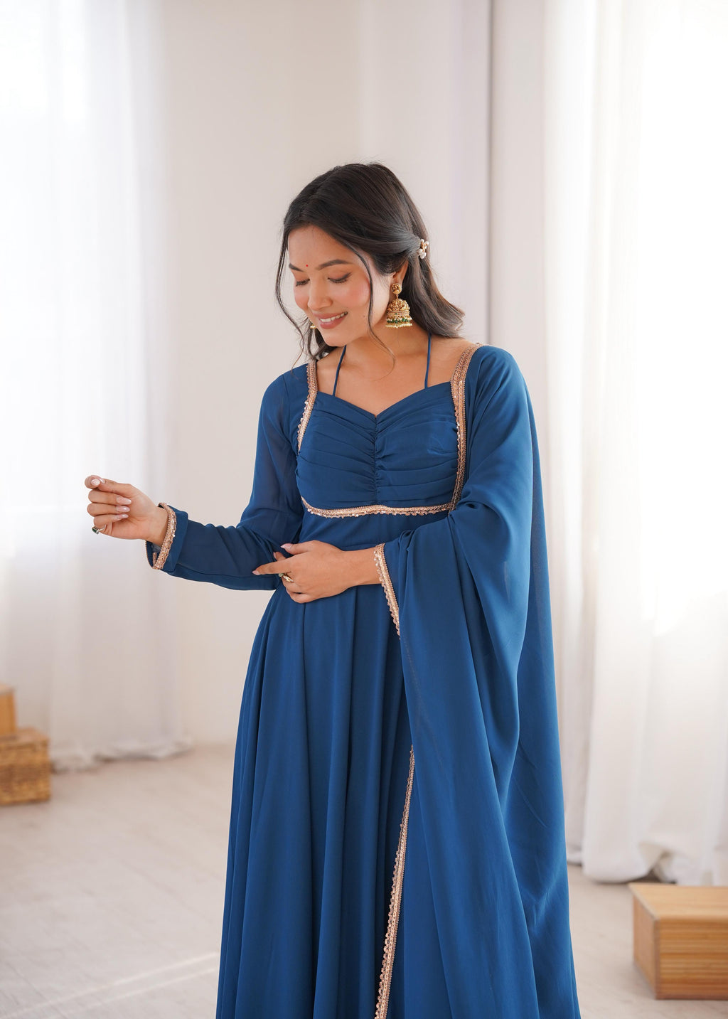 Teal Pure Georgette Anarkali Dress with Dupatta for festive occasions