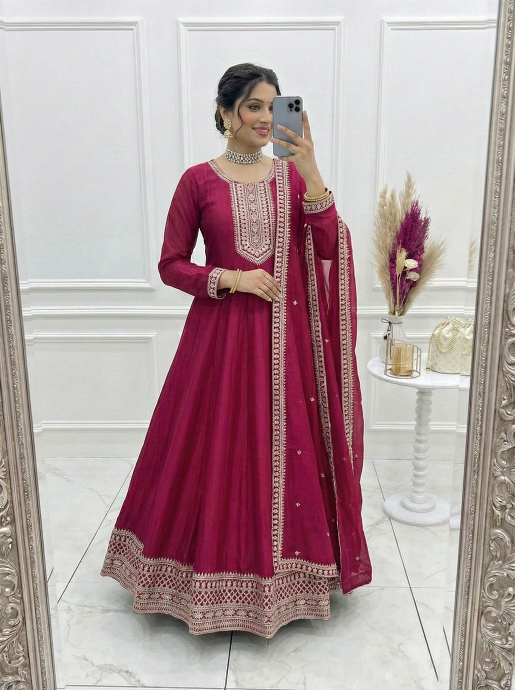 Dark Pink Pure Vichitra Silk Anarkali Suit Set