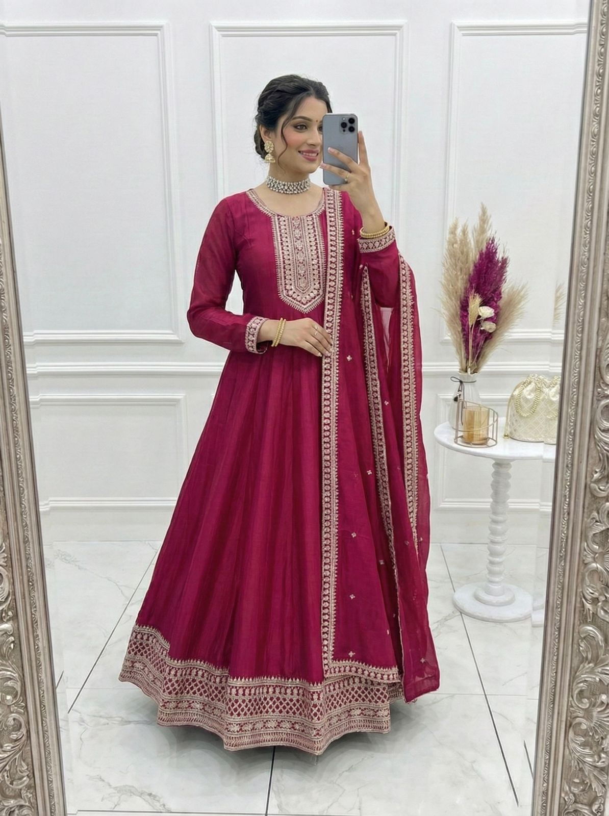 Dark Pink Pure Vichitra Silk Anarkali Suit Set