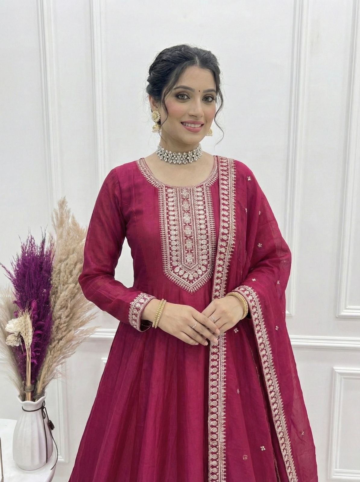 Dark Pink Pure Vichitra Silk Anarkali Suit Set