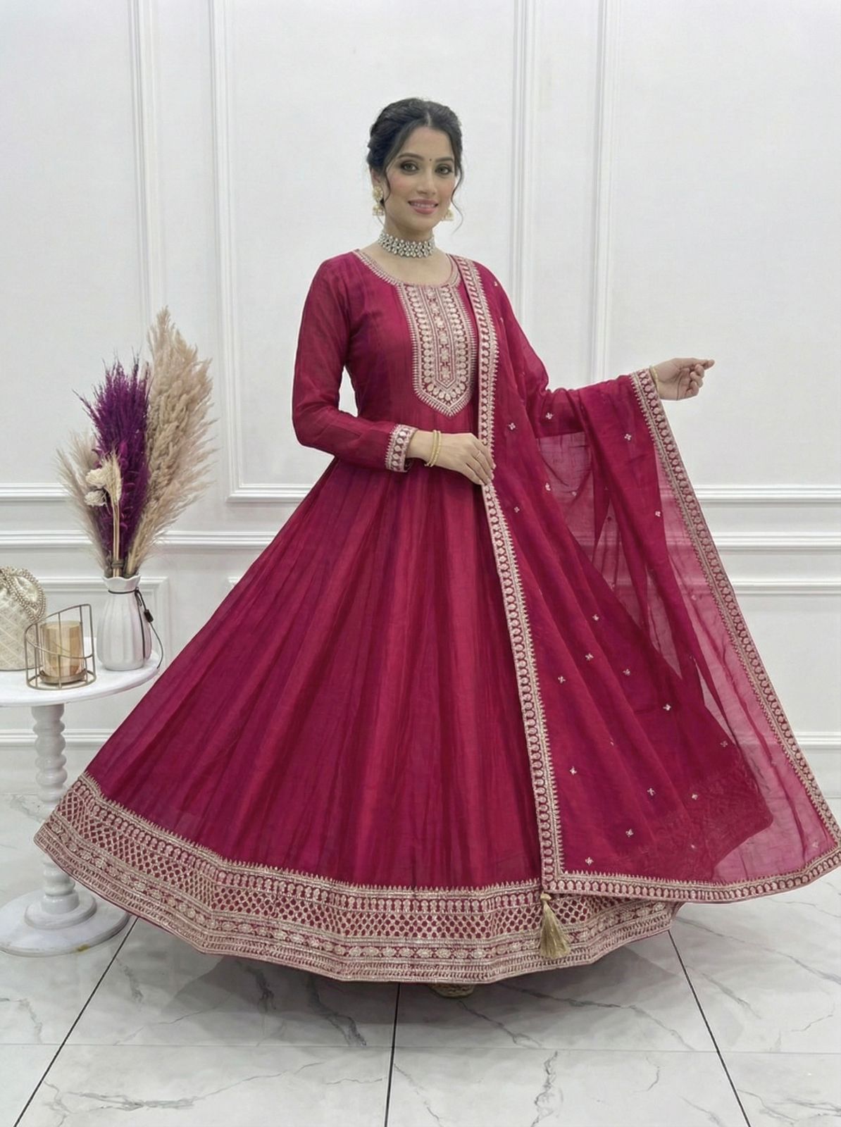 Dark Pink Pure Vichitra Silk Anarkali Suit Set