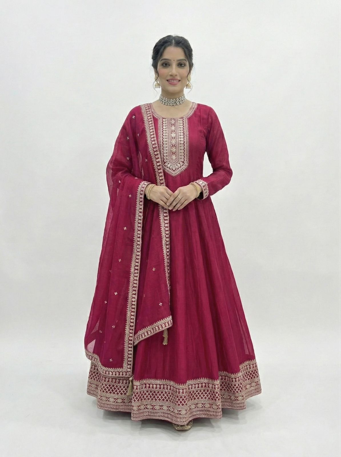 Dark Pink Pure Vichitra Silk Anarkali Suit Set