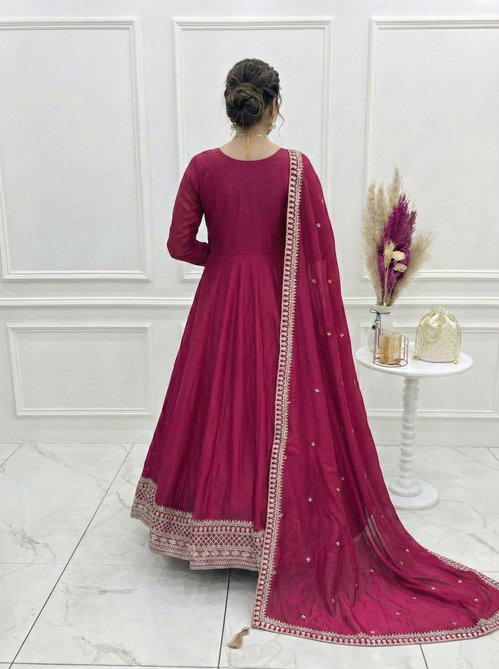 Dark Pink Pure Vichitra Silk Anarkali Suit Set